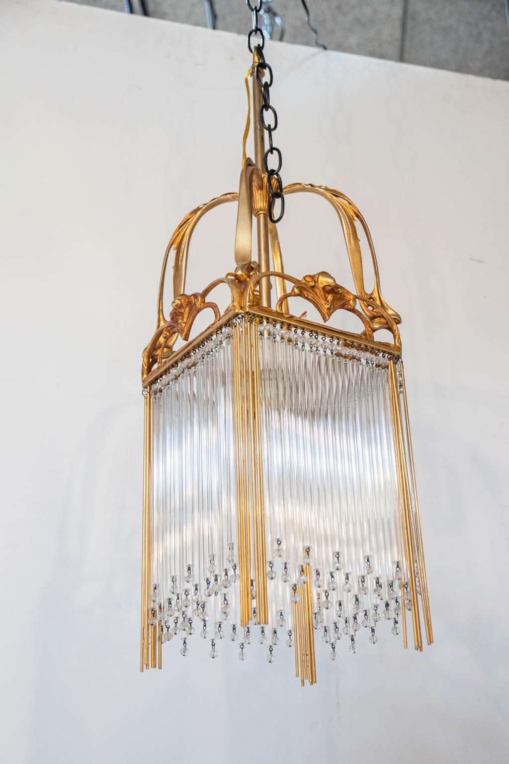 1930s Art Nouveau Gilt Bronze Chandelier with Prisms In Good Condition For Sale In Stamford, CT