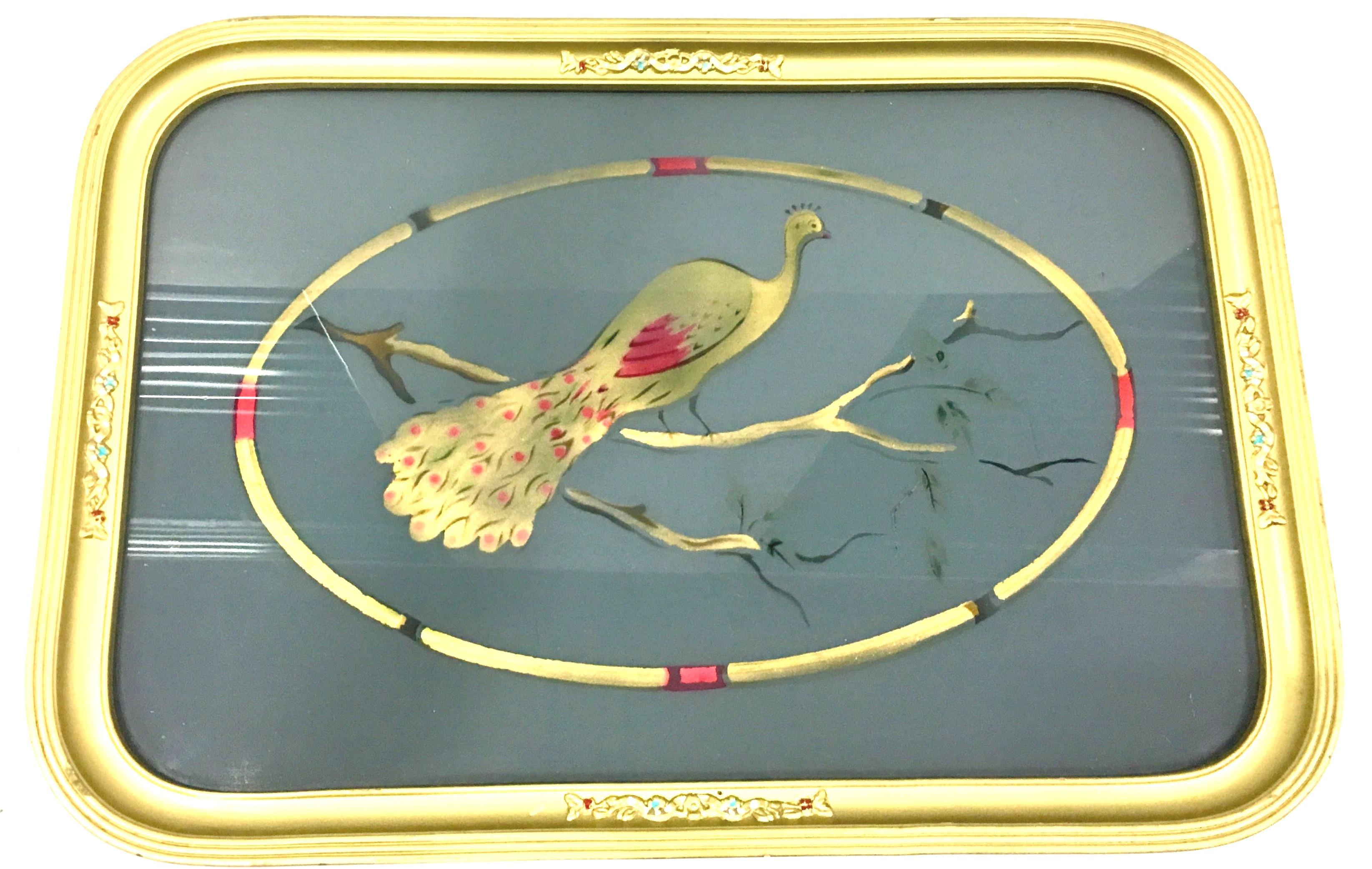 1930s Art Nouveau reverse painted glass and giltwood peacock vanity tray. Felt lined back.