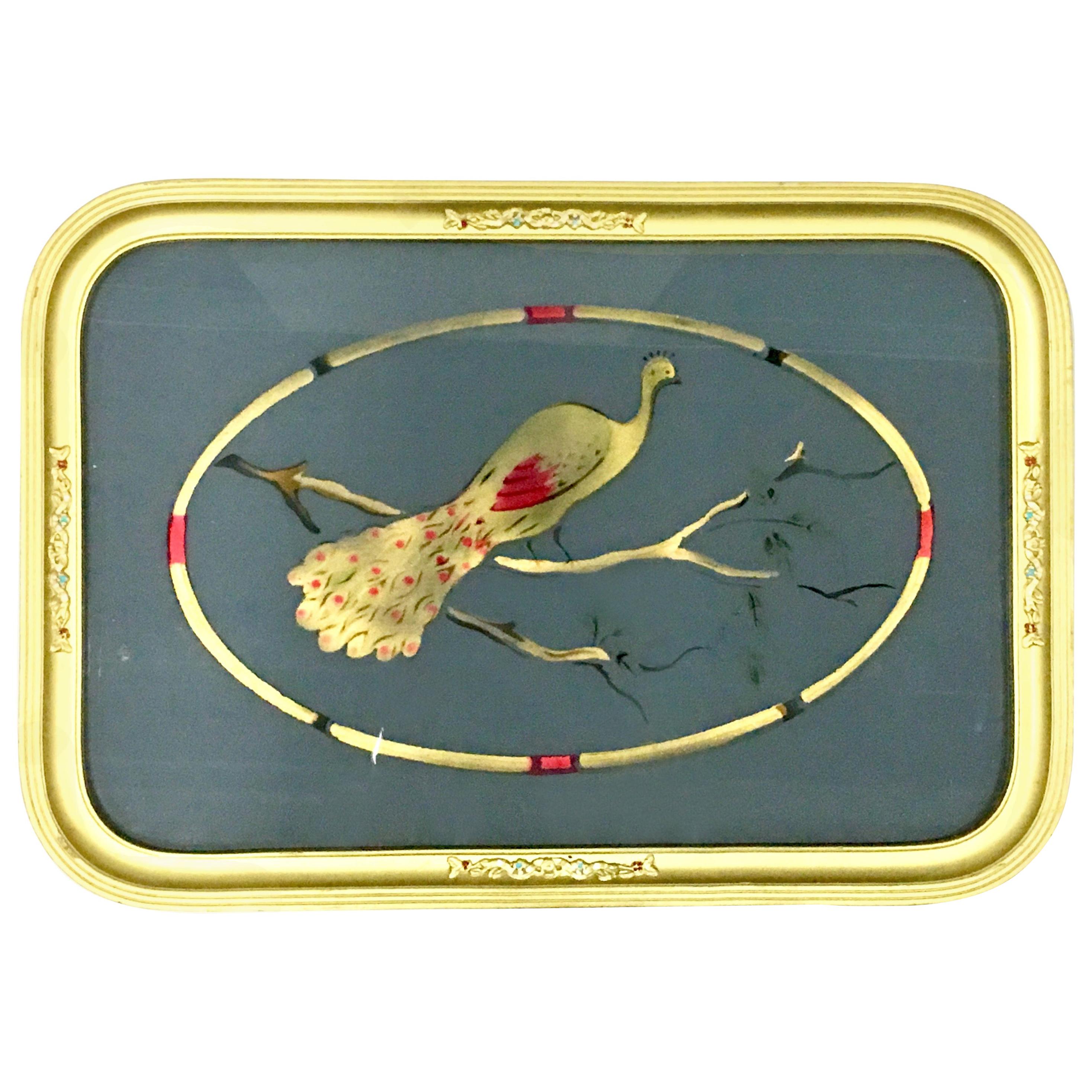 1930s Art Nouveau Reverse Painted Glass and Giltwood "Peacock" Tray For Sale
