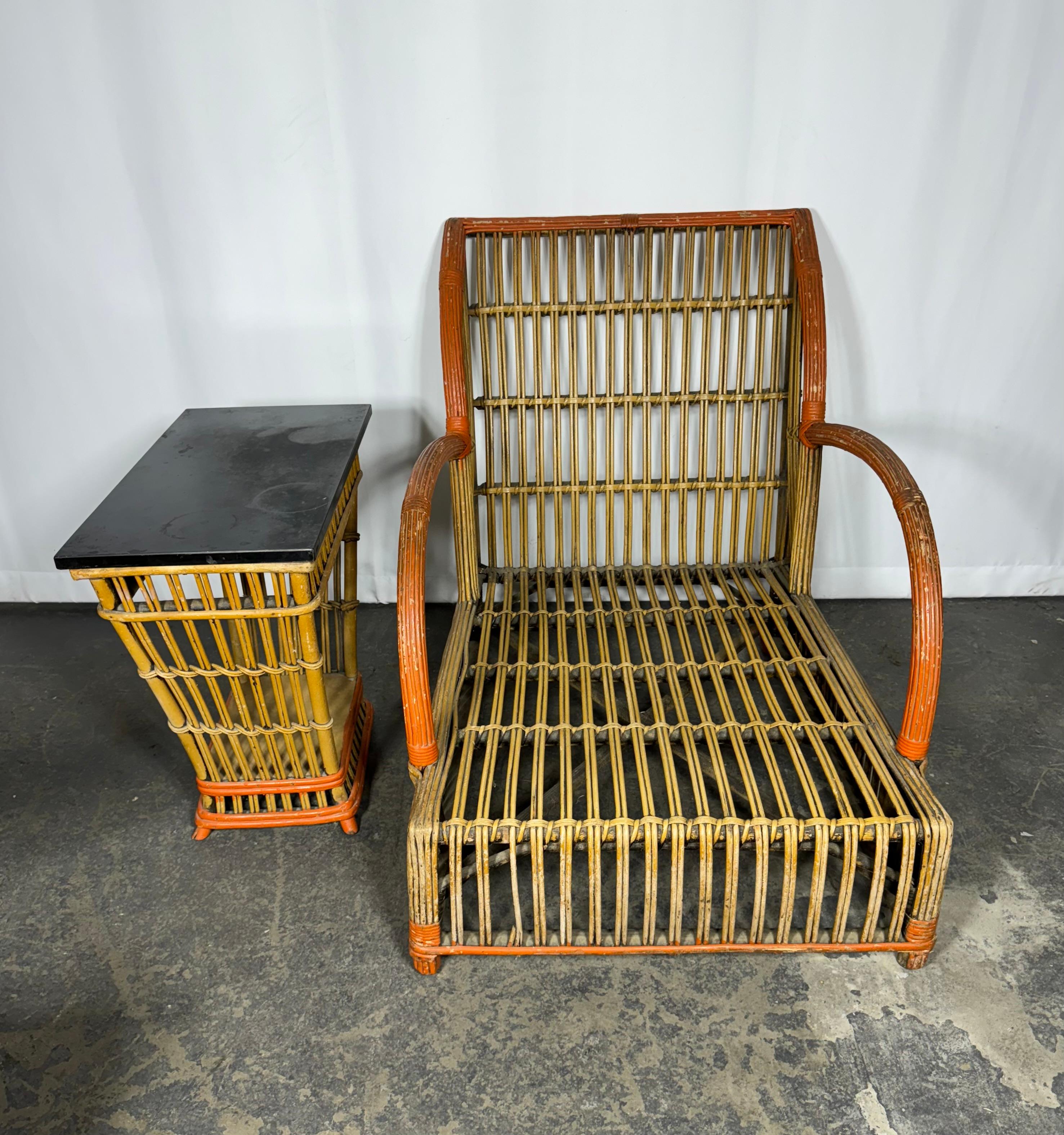 1930's Art Deco Split Reed / Stick Wicker Chair  and End Table. Ypslianti  For Sale 5