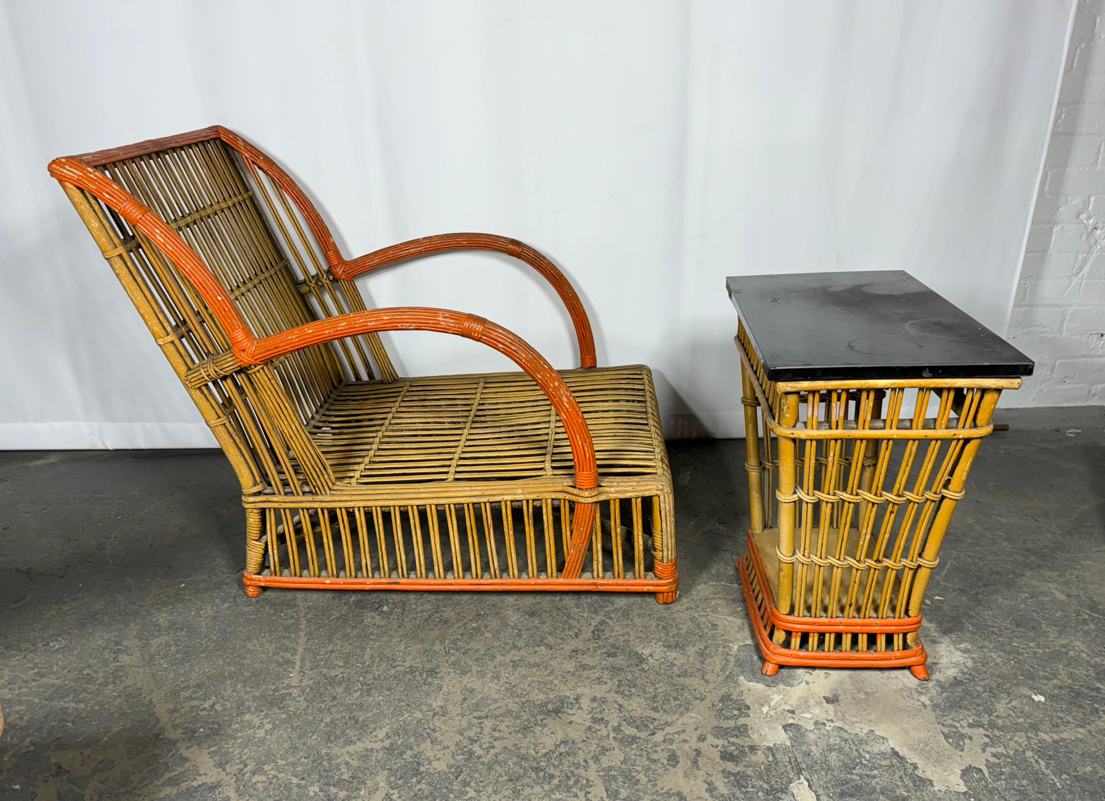 Stunning 1930's Art Stick Wicker /Split Reed Lounge Chair and End Table. attrib to  Ypsilanti Reed Furniture Co... Superior quality and construction,, Amazing design,Nice original condition.  Great color / patina. Set may have been re-painted at