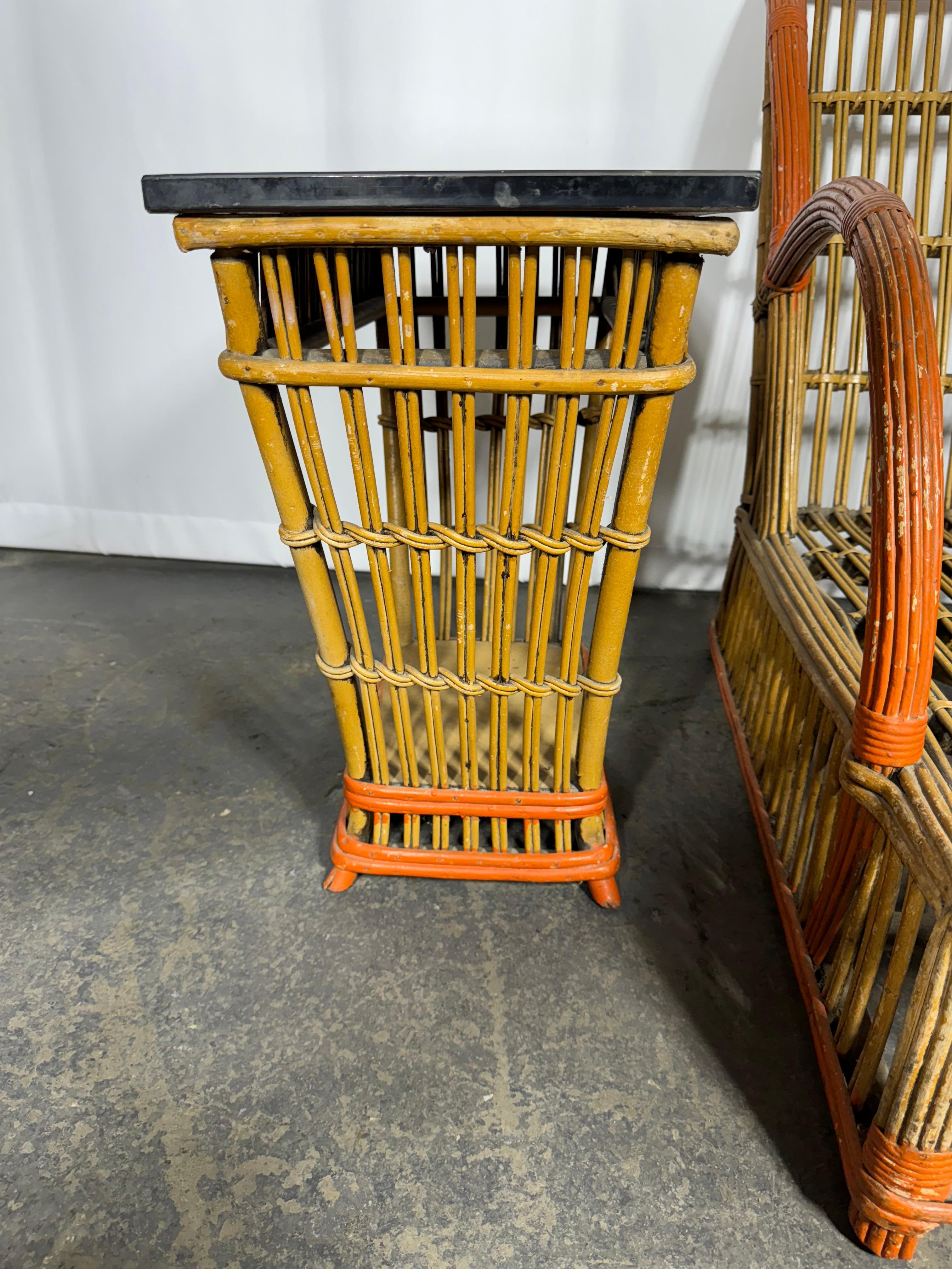 Painted 1930's Art Deco Split Reed / Stick Wicker Chair  and End Table. Ypslianti  For Sale