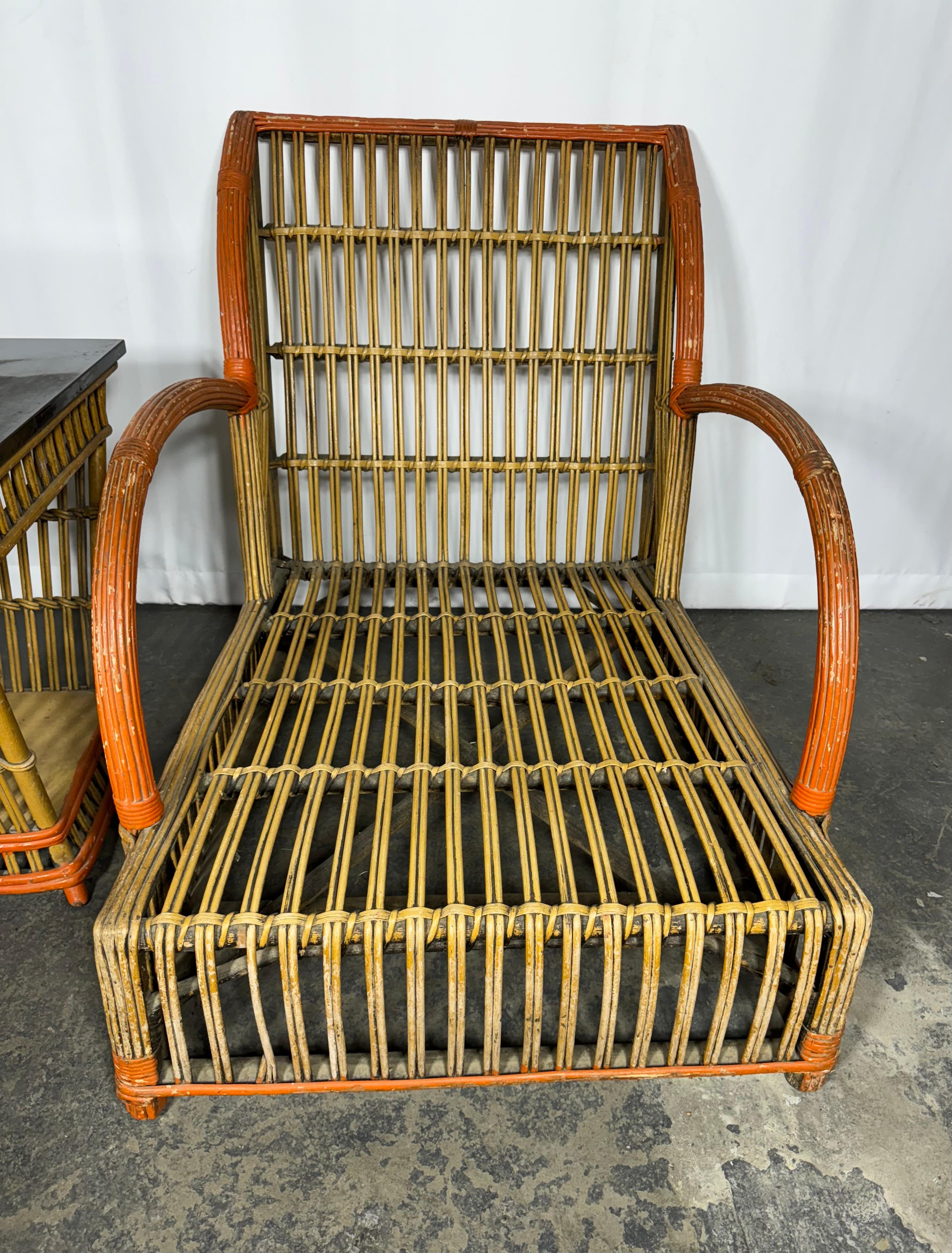 1930's Art Deco Split Reed / Stick Wicker Chair  and End Table. Ypslianti  In Good Condition For Sale In Buffalo, NY