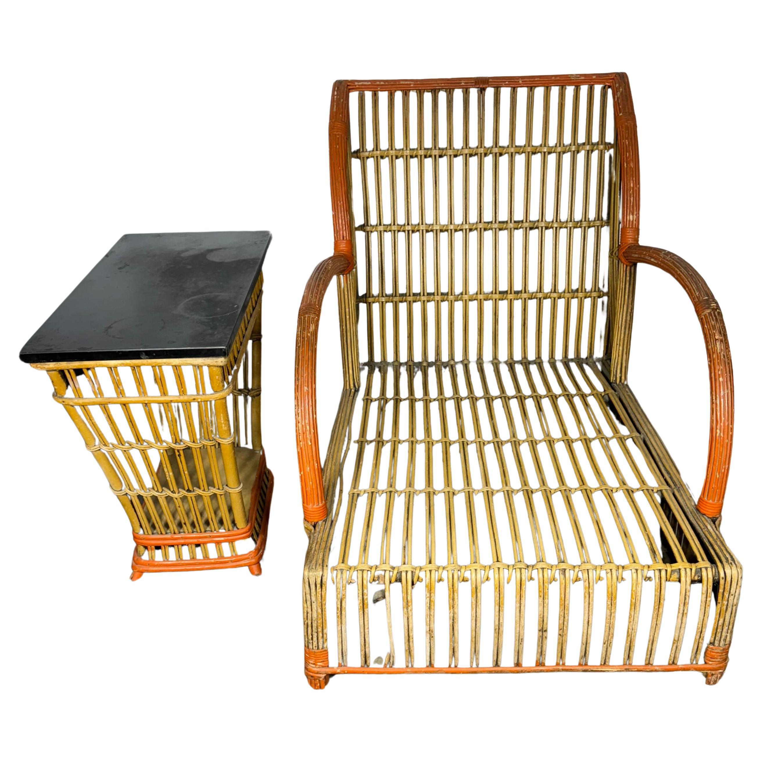 1930's Art Deco Split Reed / Stick Wicker Chair  and End Table. Ypslianti  For Sale
