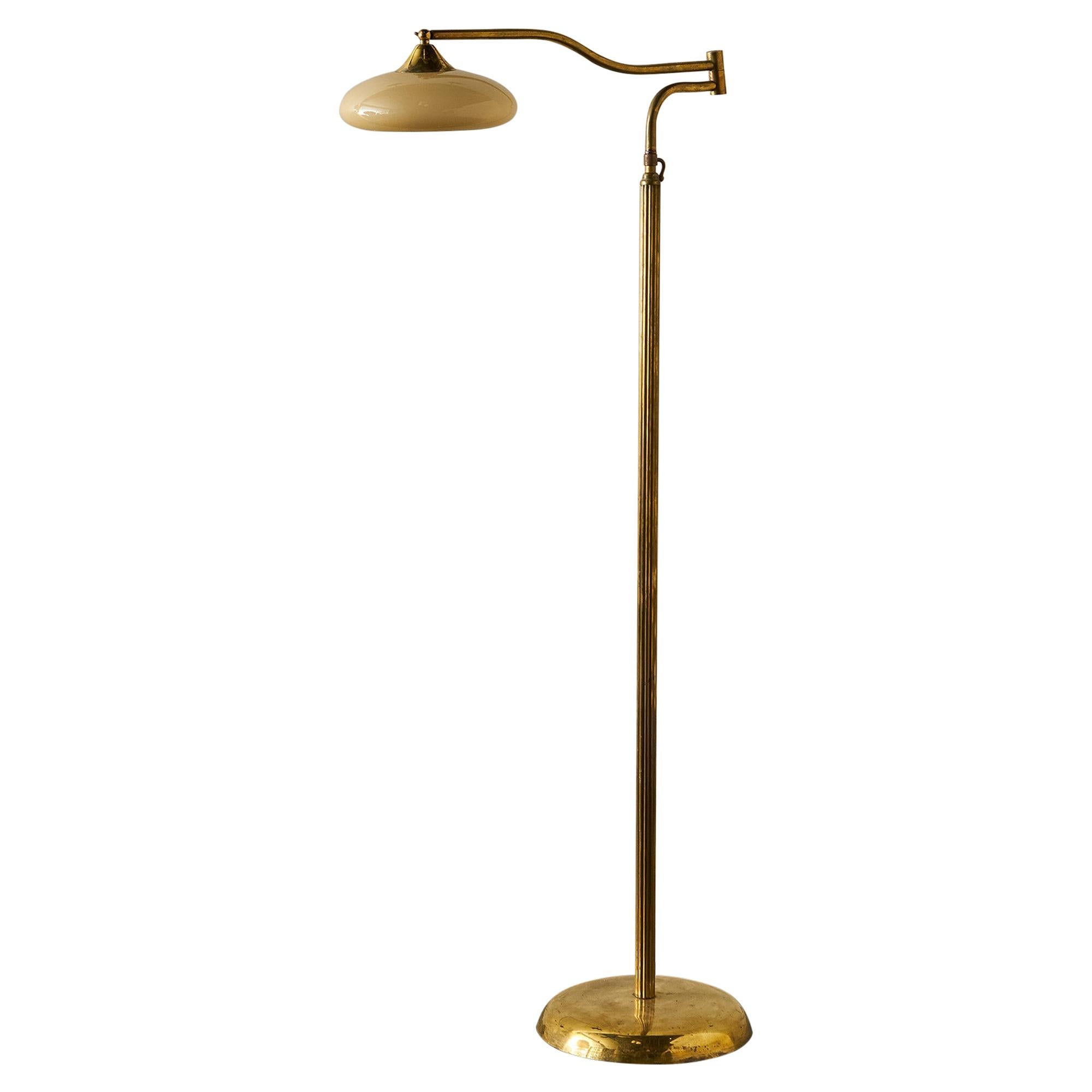 1930s Articulating Brass Floor Lamp with Opaline Shade