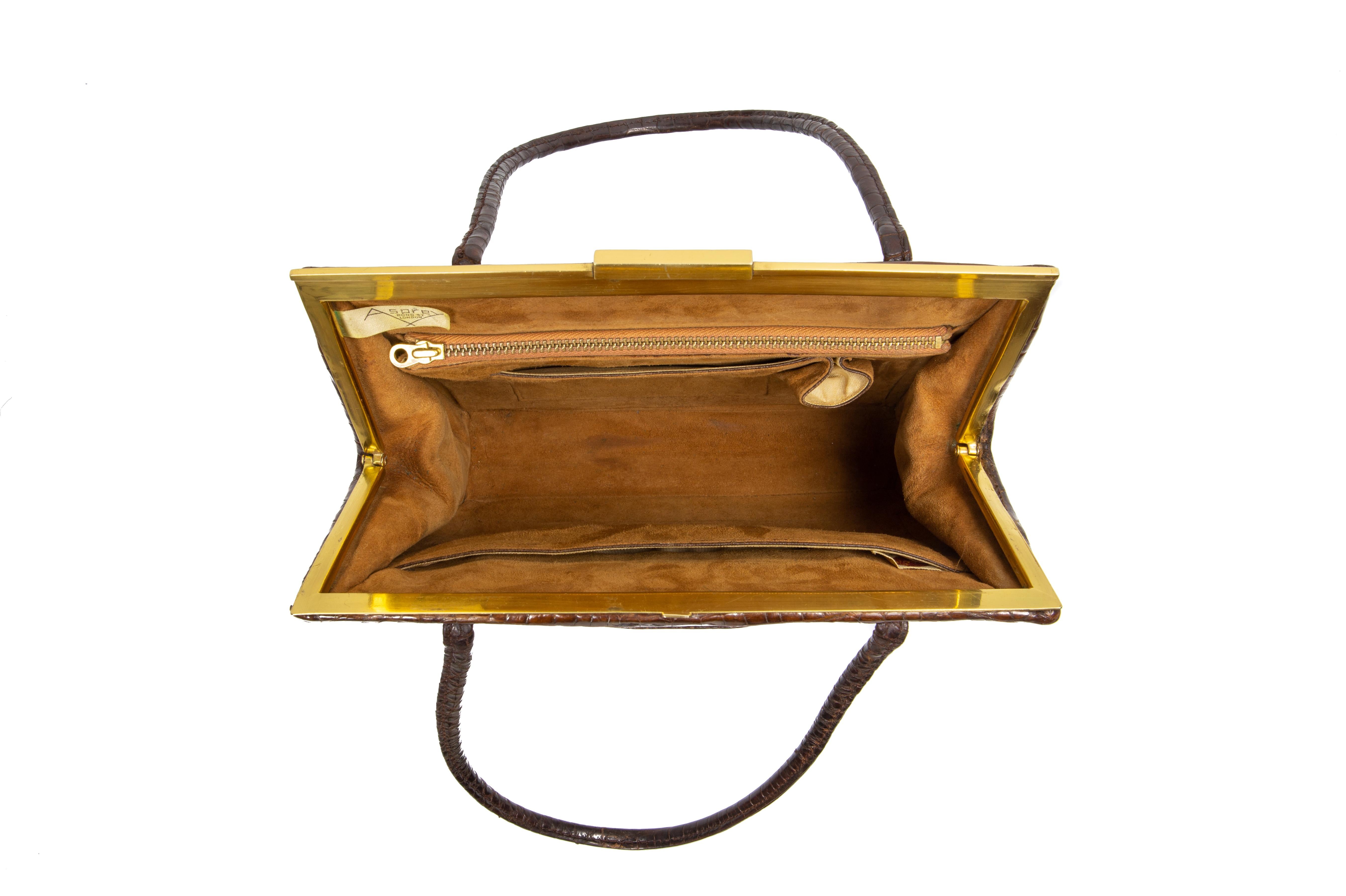 Women's 1930s Asprey Brown Crocodile Handbag For Sale