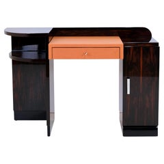 1930's Asymmetrical French Art Deco Desk in Macassar and Orange Leather