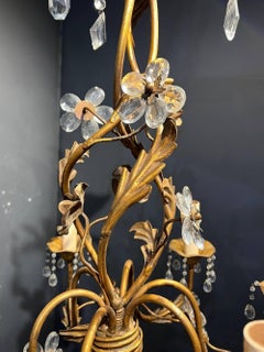 1930’s Bagues Gilt Metal Flowers Chandelier with Crystal Hangings