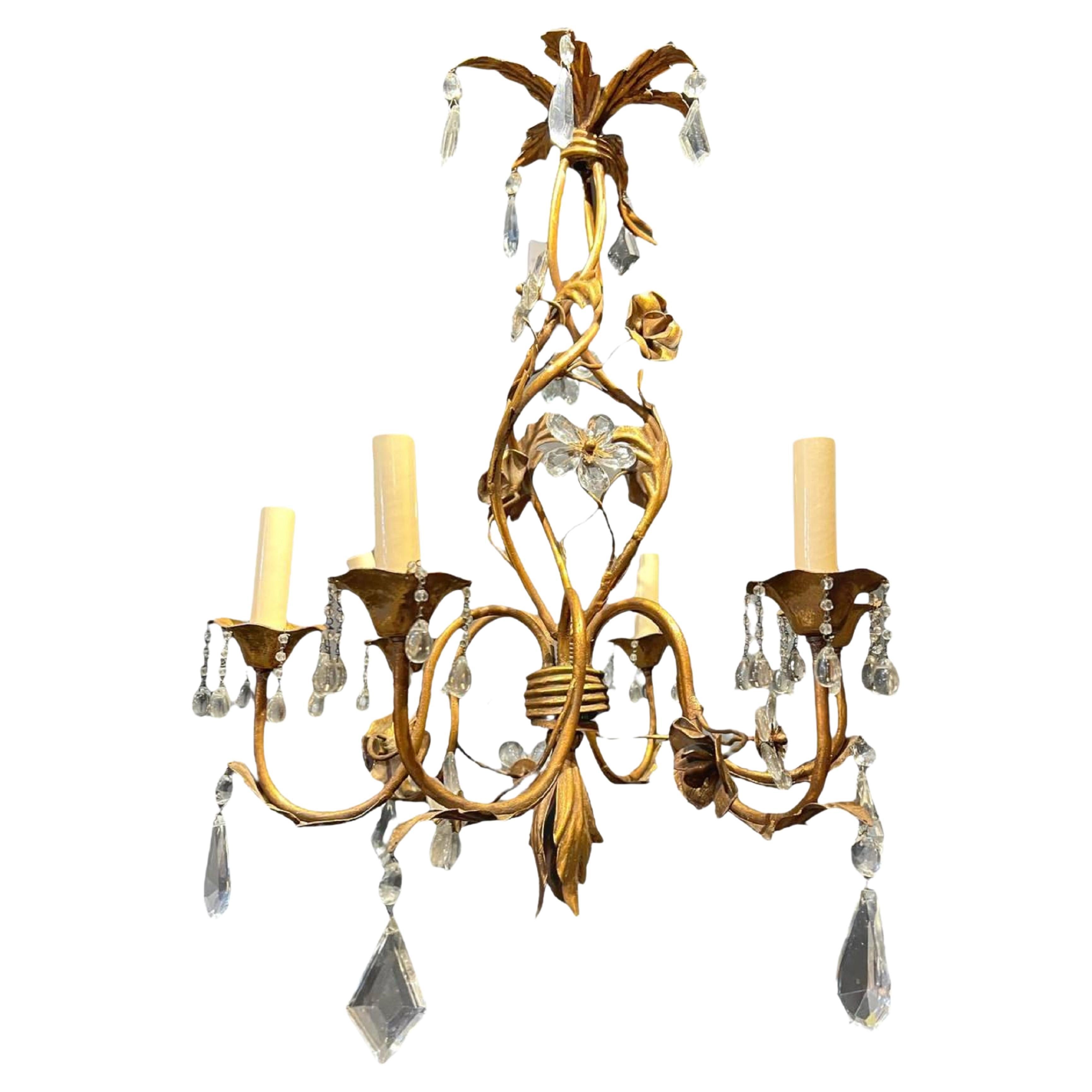 1930’s Bagues Gilt Metal Flowers Chandelier with Crystal Hangings  For Sale