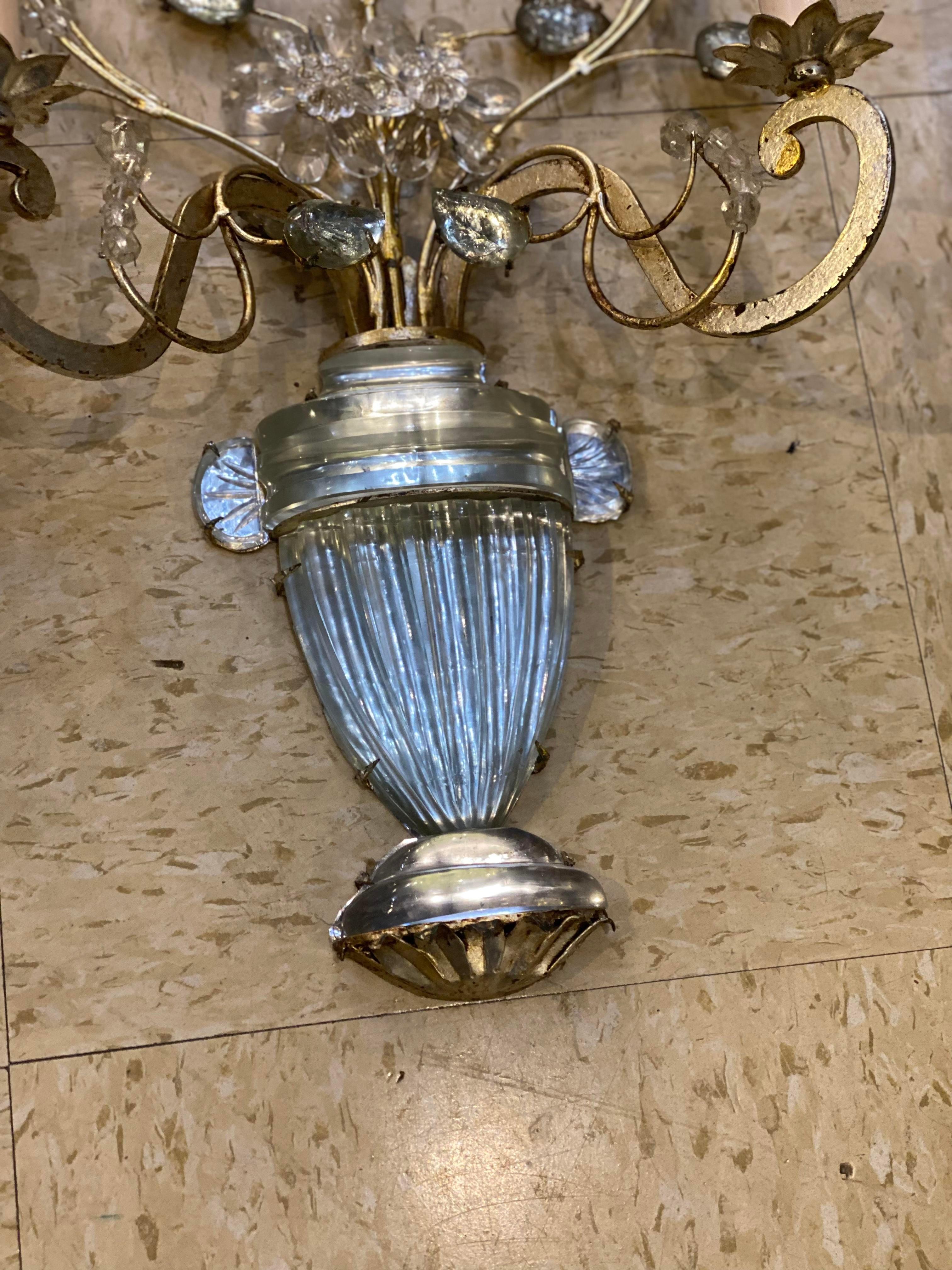 French Provincial 1930s French Bagues Silver Leaf Metal Sconces  For Sale