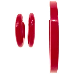 1930'S Bakelite Cherry Red Demi Parure Bracelet & Hoop Earrings