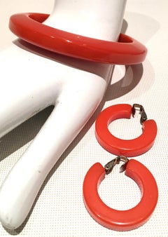 1930'S Bakelite Demi Parure Orange Bangle Bracelet & Hoop Earrings