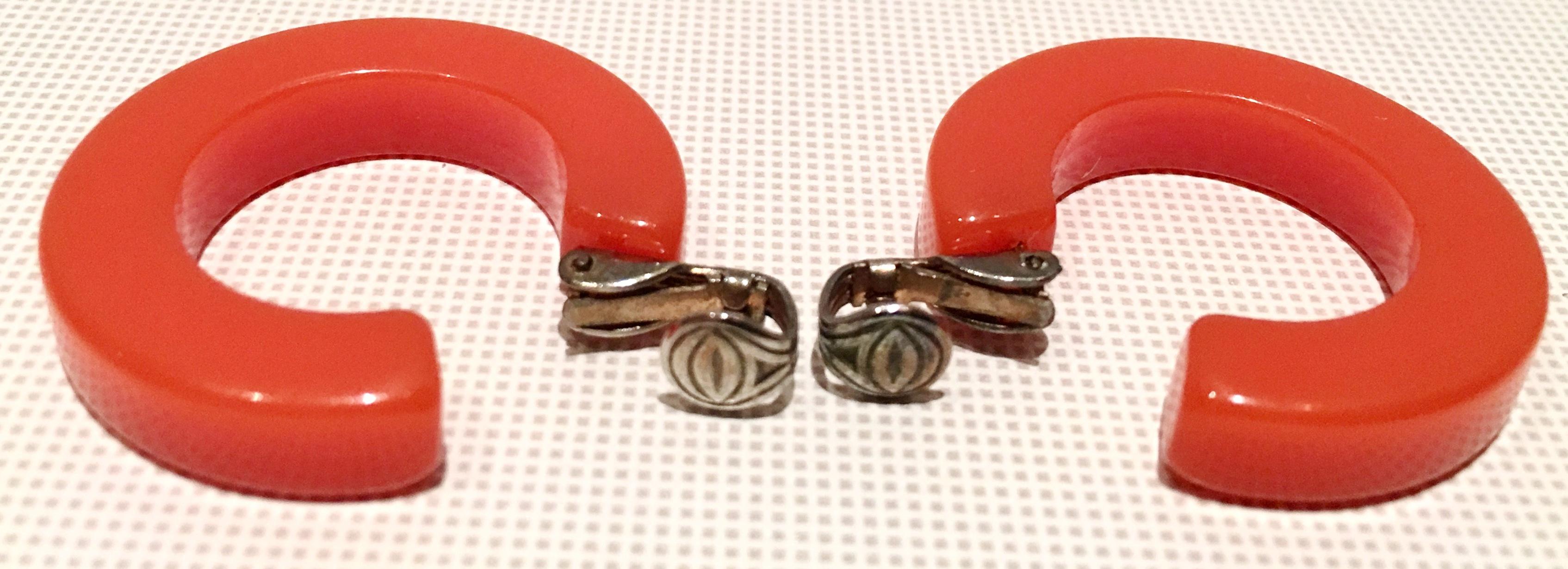 1930'S Bakelite Demi Parure Orange Bangle Bracelet & Hoop Earrings  3