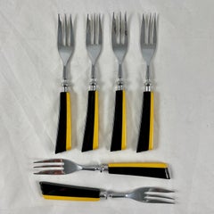 1930s Bakelite Handled Yellow & Black Art Deco Oyster or Pastry Forks, S/6