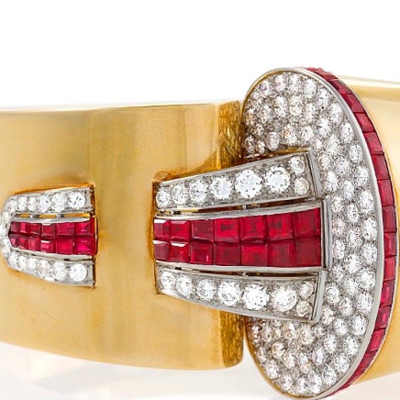 Women's 1930s Ruby Diamond Gold Buckle Bangle Bracelet