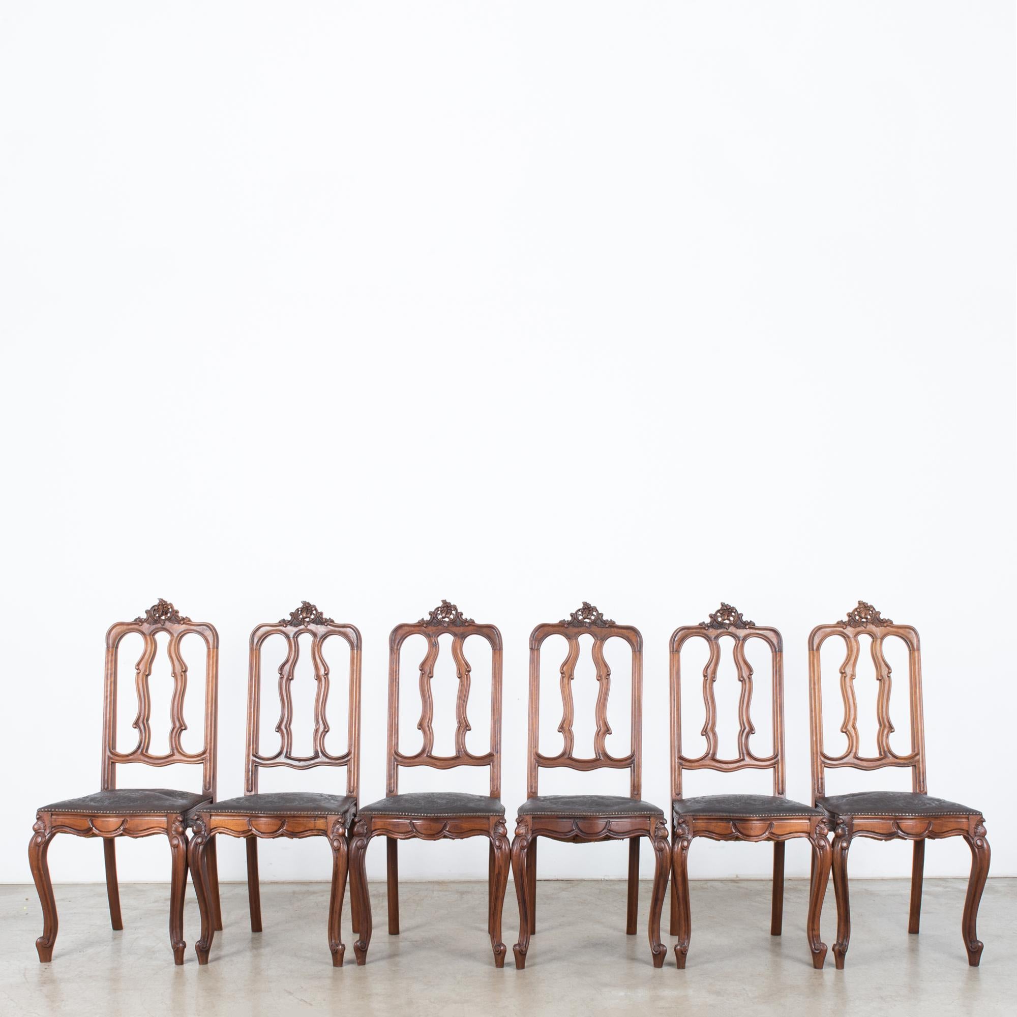 1930s Baroque Dining Chairs with Embossed Leather Seats, Set of Six 3