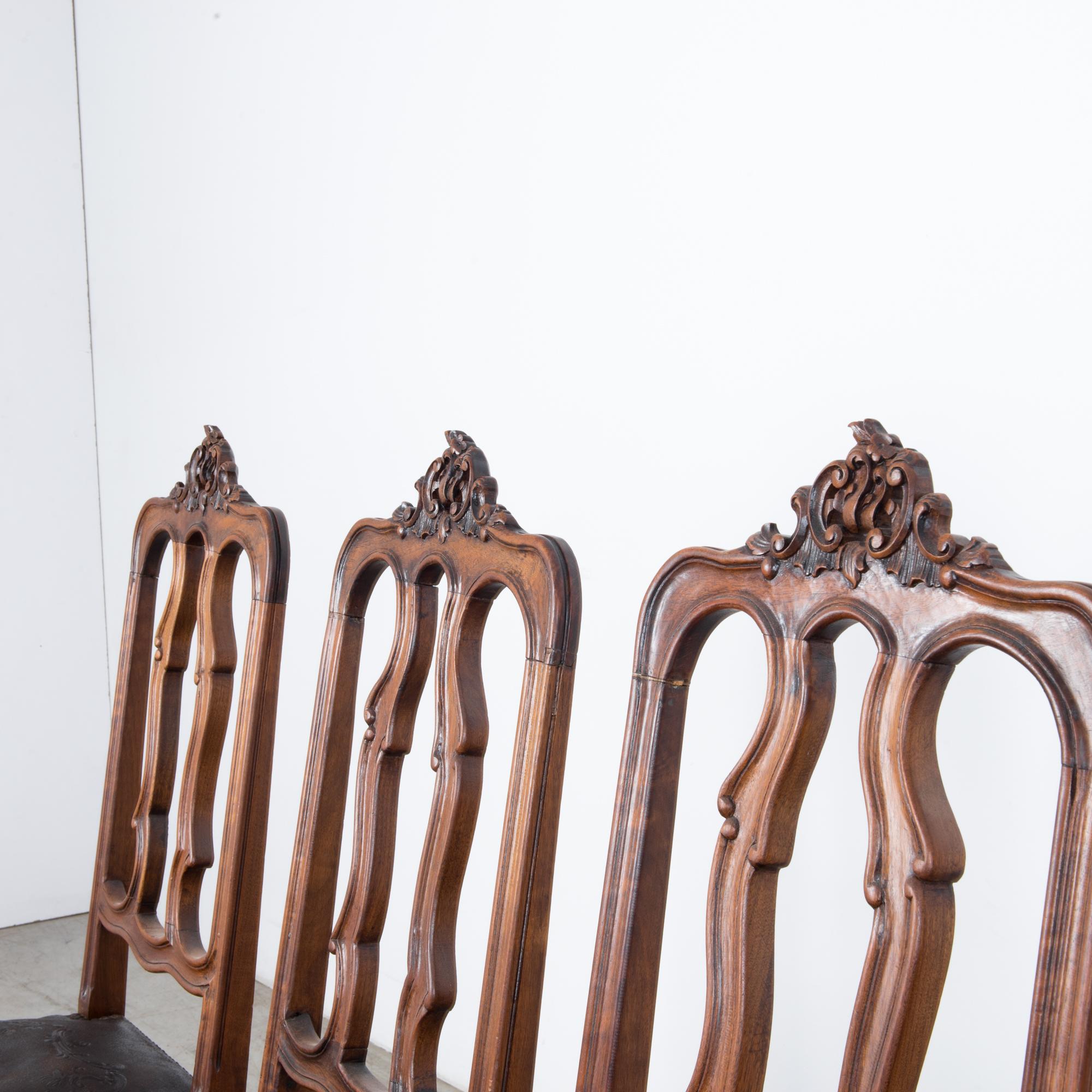 1930s Baroque Dining Chairs with Embossed Leather Seats, Set of Six 5