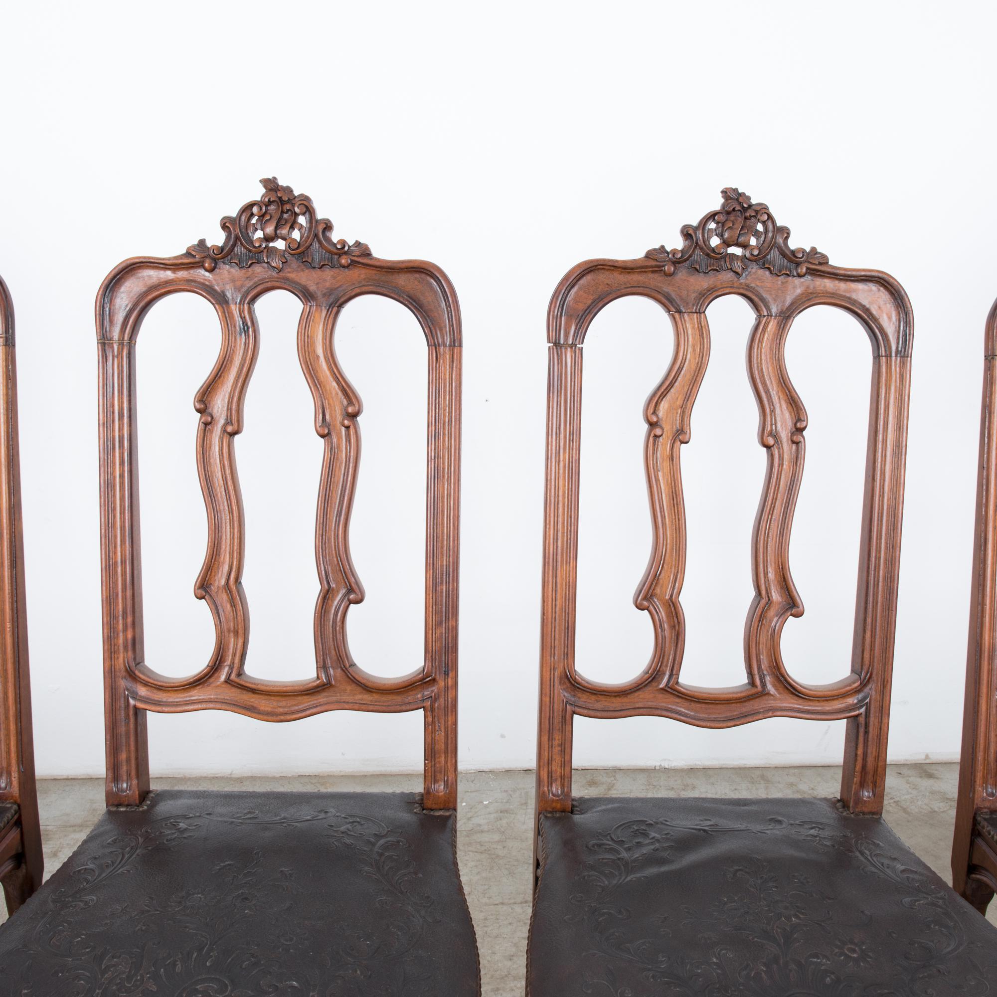 1930s Baroque Dining Chairs with Embossed Leather Seats, Set of Six 7