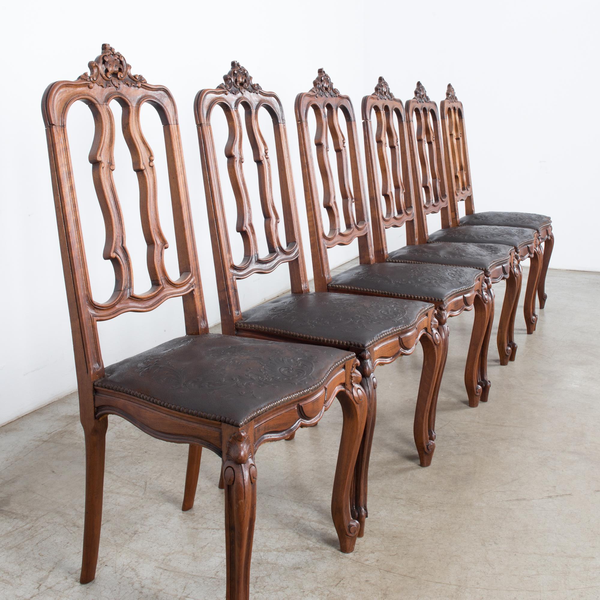 1930s Baroque Dining Chairs with Embossed Leather Seats, Set of Six 8