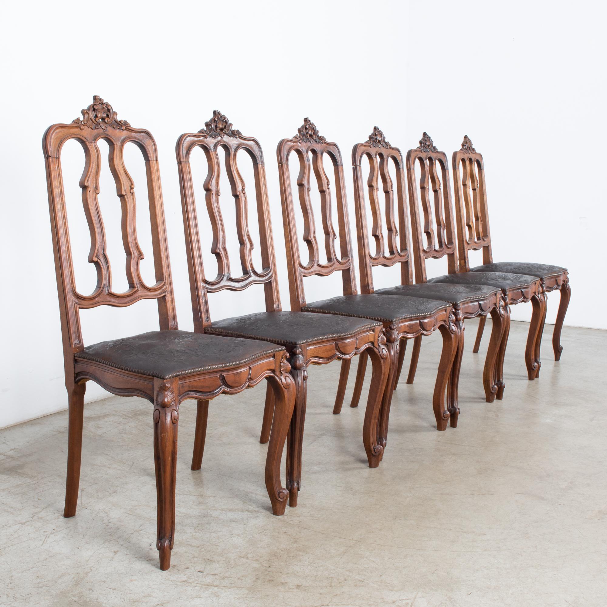 1930s Baroque Dining Chairs with Embossed Leather Seats, Set of Six 9