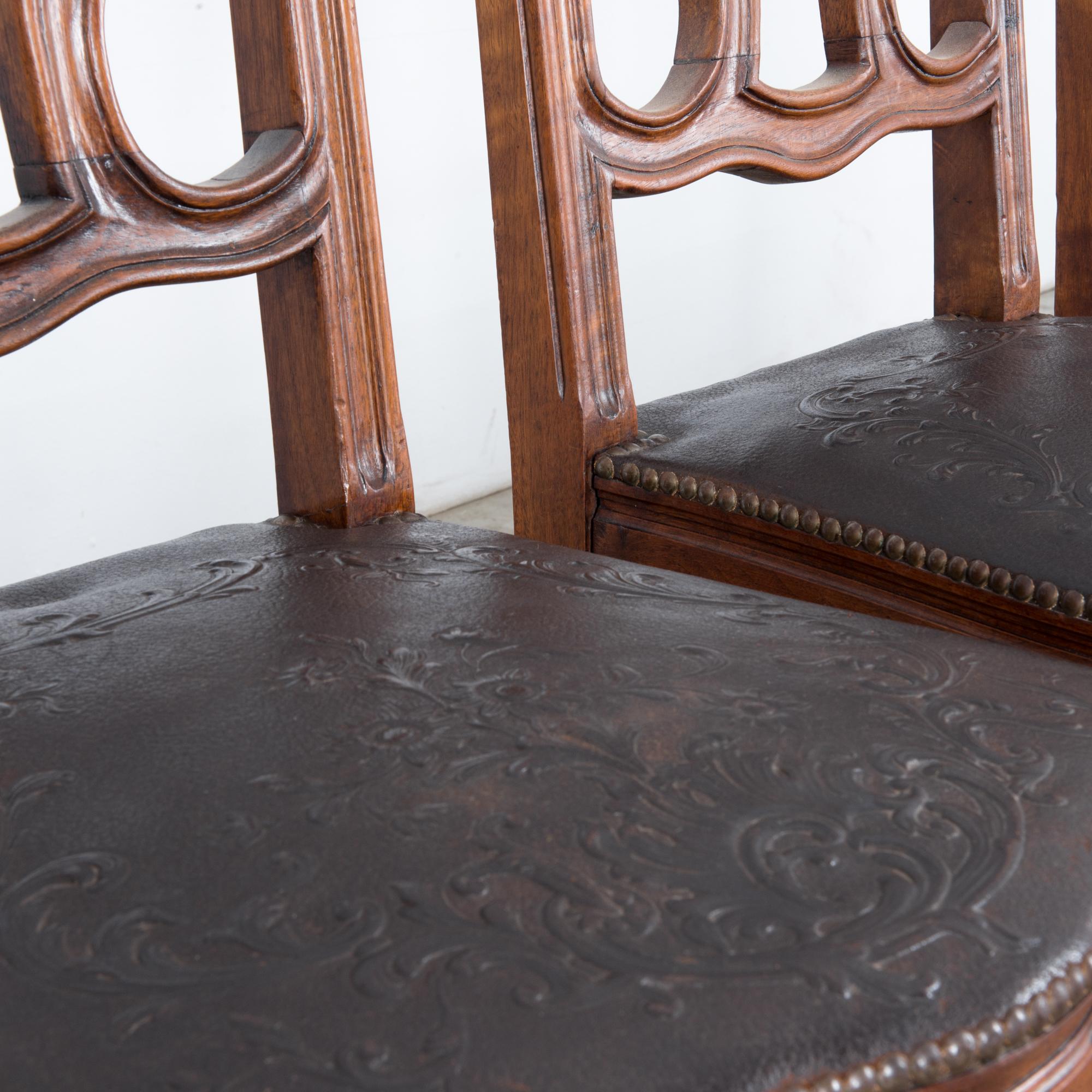 French Provincial 1930s Baroque Dining Chairs with Embossed Leather Seats, Set of Six