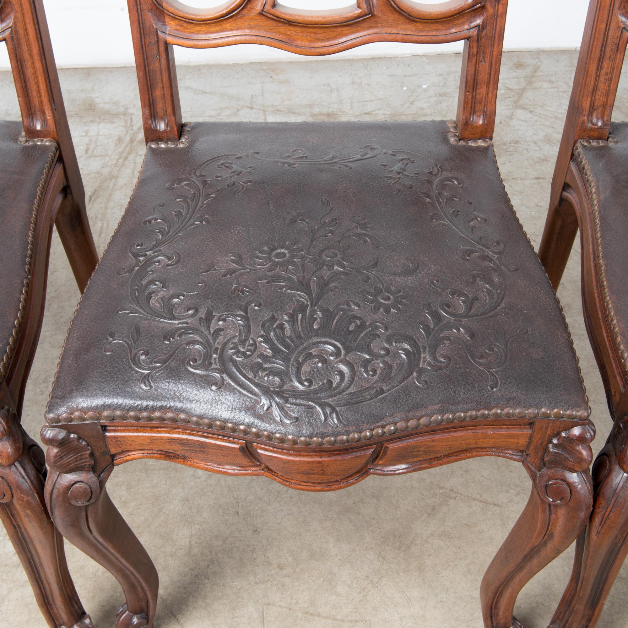 French 1930s Baroque Dining Chairs with Embossed Leather Seats, Set of Six