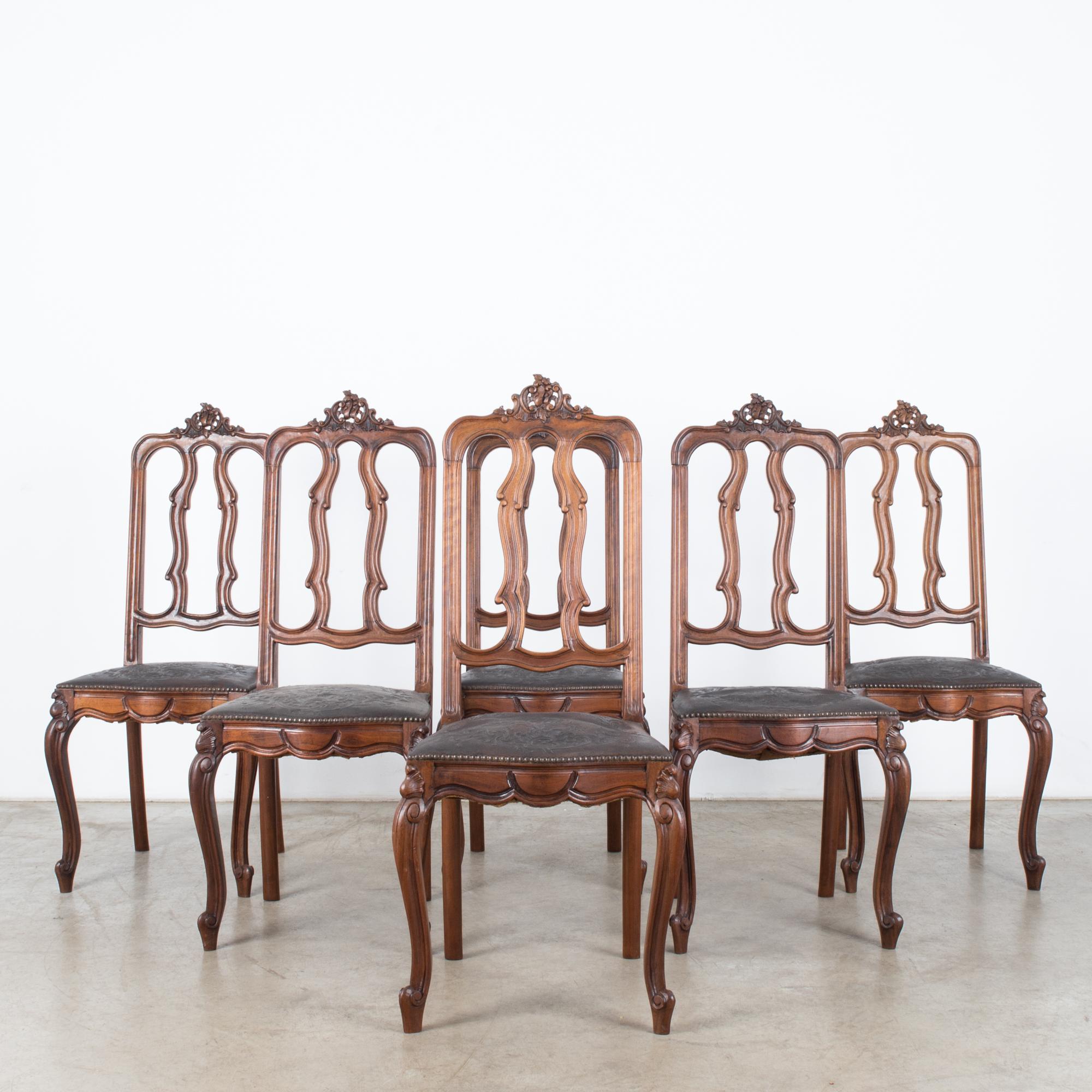Mid-20th Century 1930s Baroque Dining Chairs with Embossed Leather Seats, Set of Six