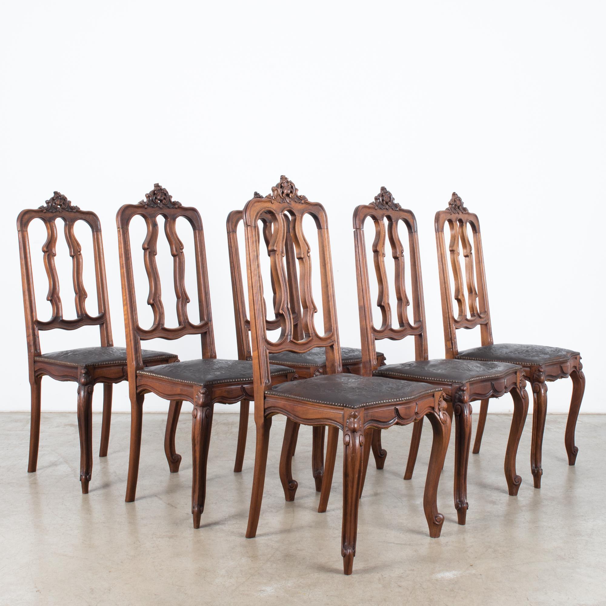 1930s Baroque Dining Chairs with Embossed Leather Seats, Set of Six 1