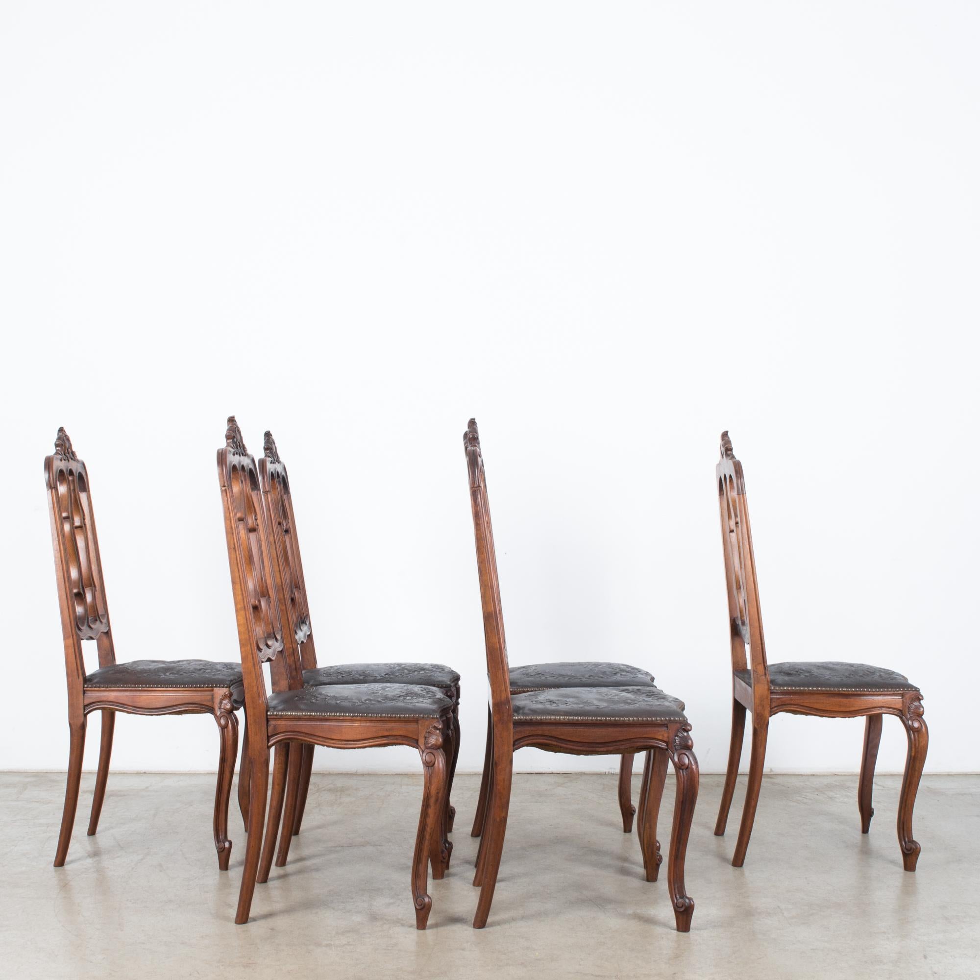 1930s Baroque Dining Chairs with Embossed Leather Seats, Set of Six 2