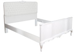 1930s Baroque Venetian Double Bed Hand Carved Walnut, Capitonné White Leather