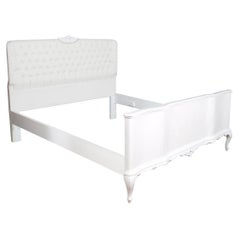 1930s Baroque Venetian Double Bed Hand Carved Walnut, Capitonné White Leather