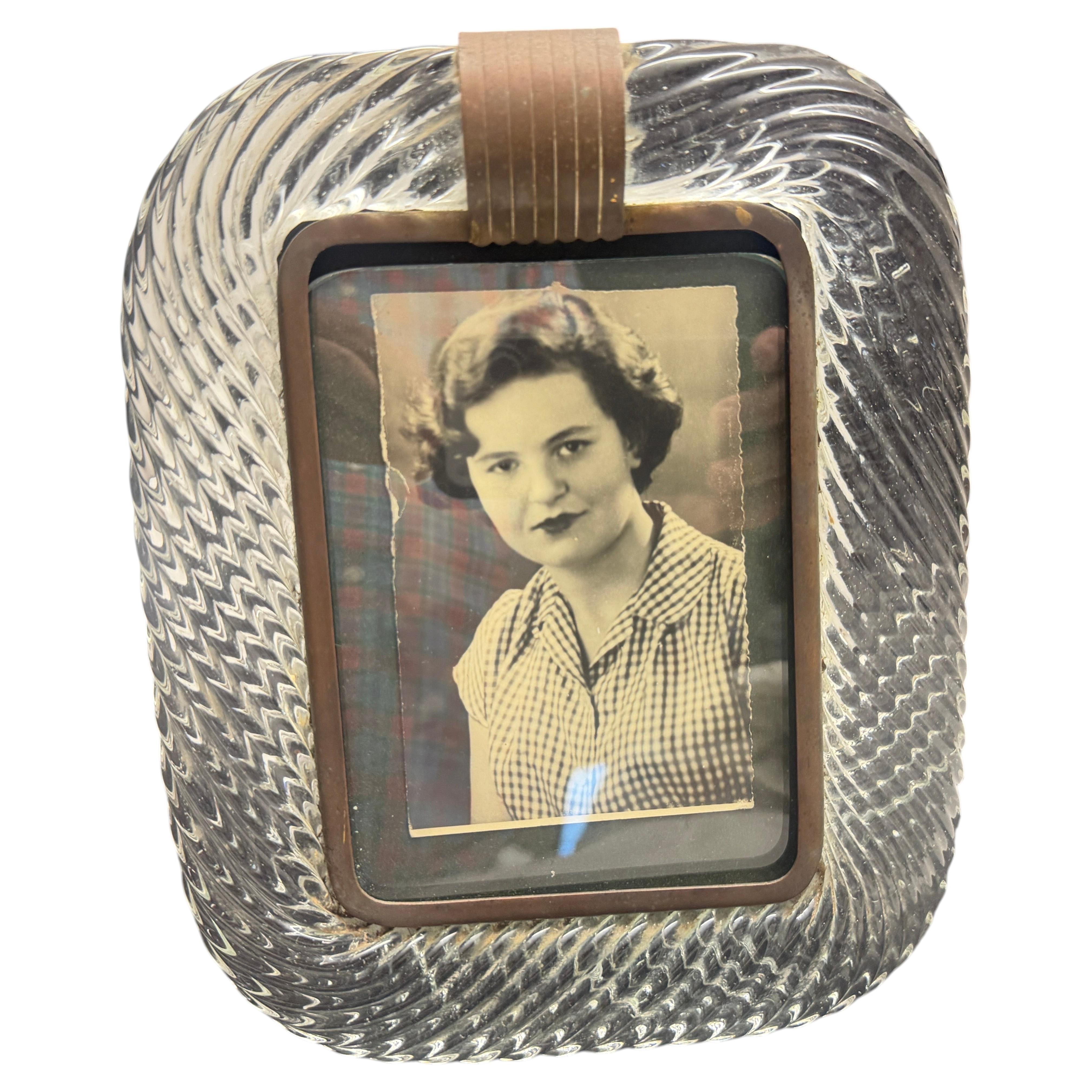1930s Barovier Attributed Art Deco Clear Murano Glass and Brass Picture Frame For Sale