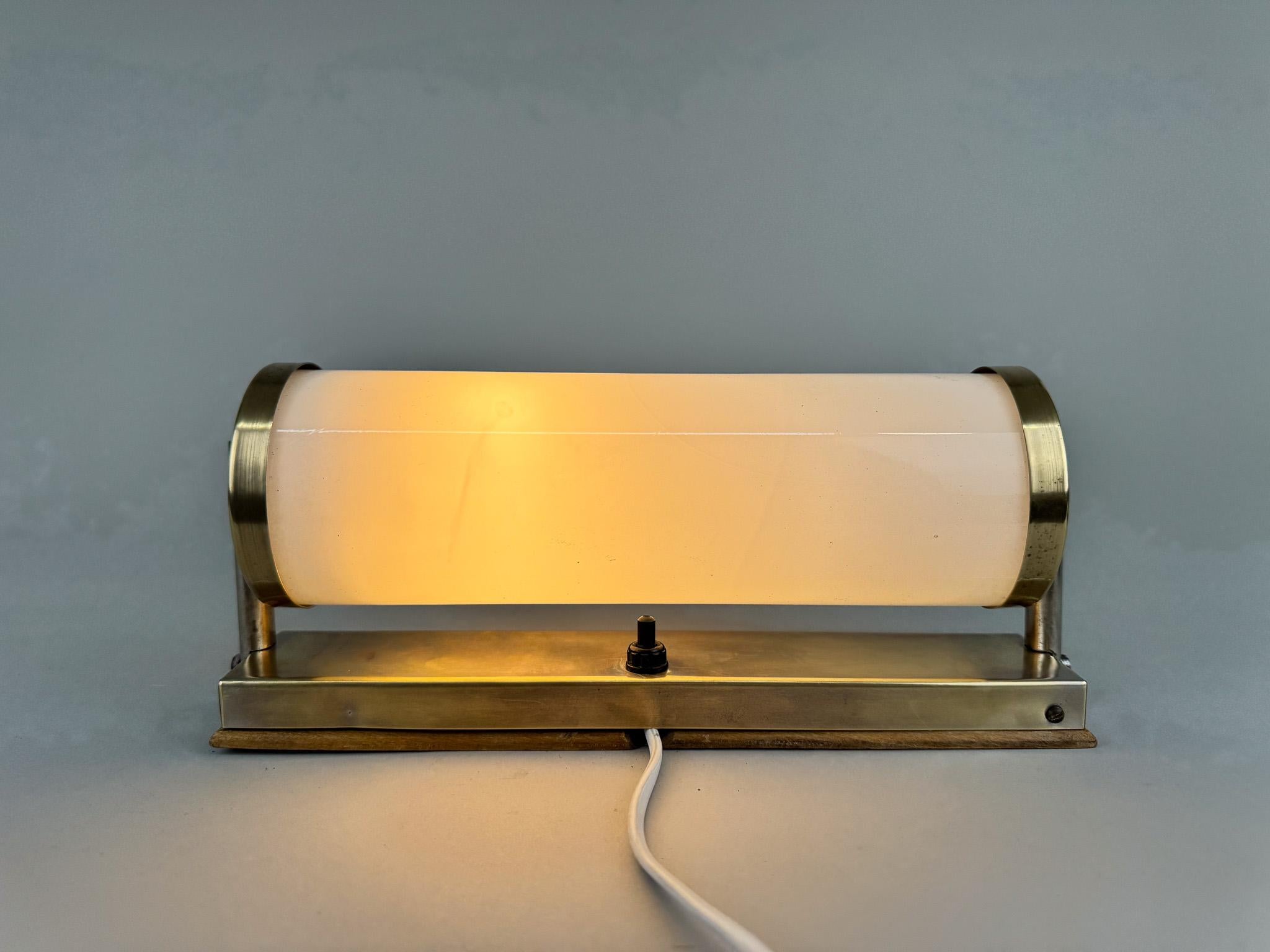 20th Century 1930's Bauhaus Brass & Milk Glass Wall Lamp, Czechoslovakia For Sale