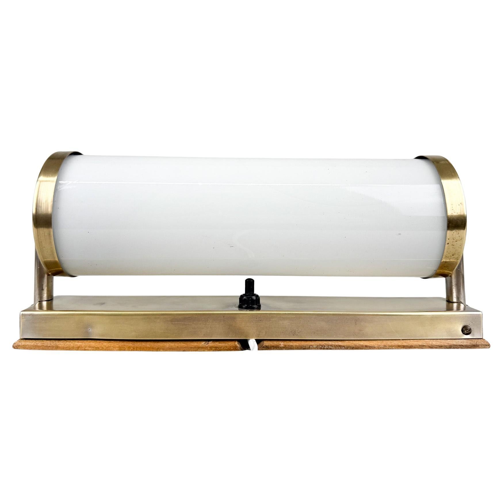 1930's Bauhaus Brass & Milk Glass Wall Lamp, Czechoslovakia