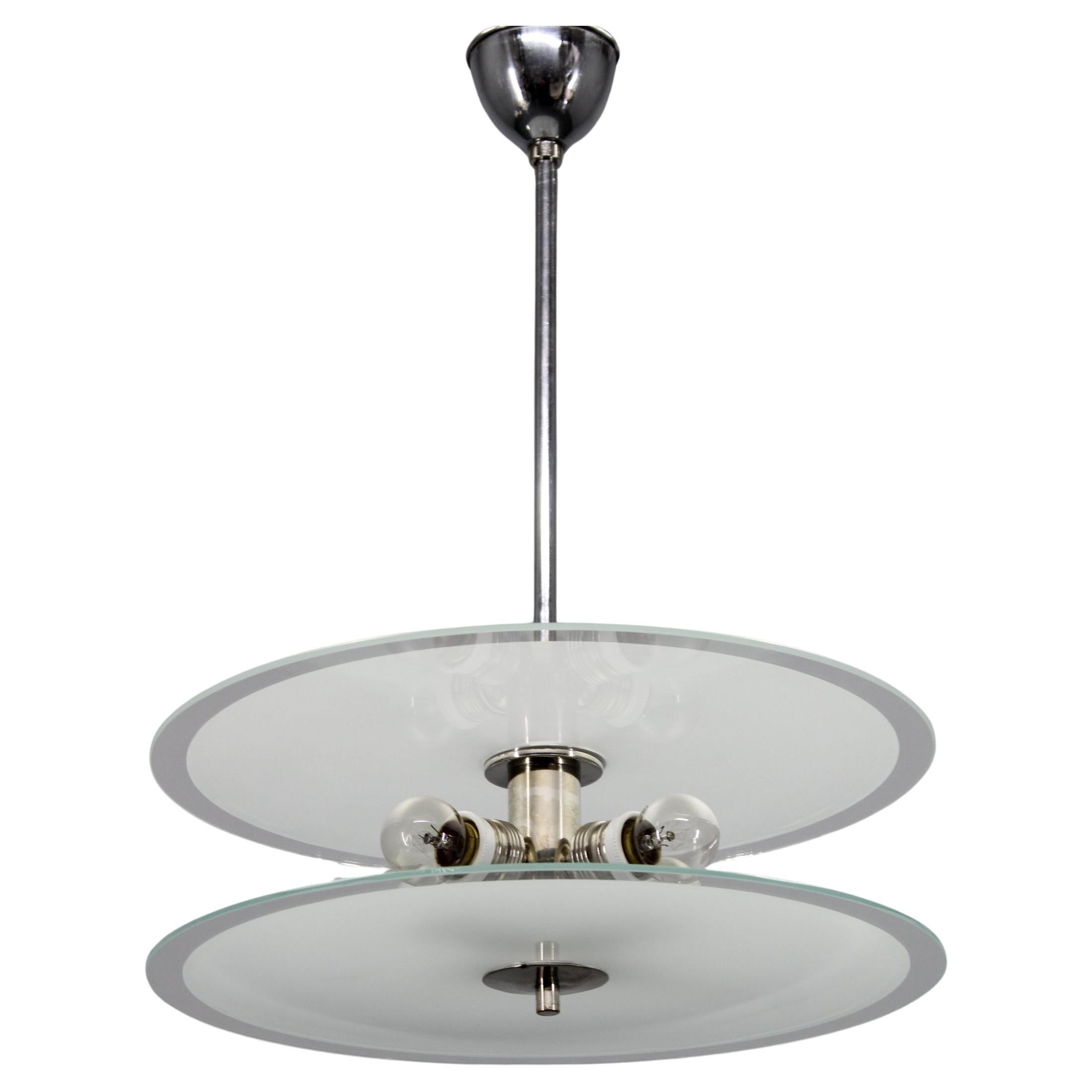 1930s Bauhaus Chrome and Glass Chandelier, Czechoslovakia