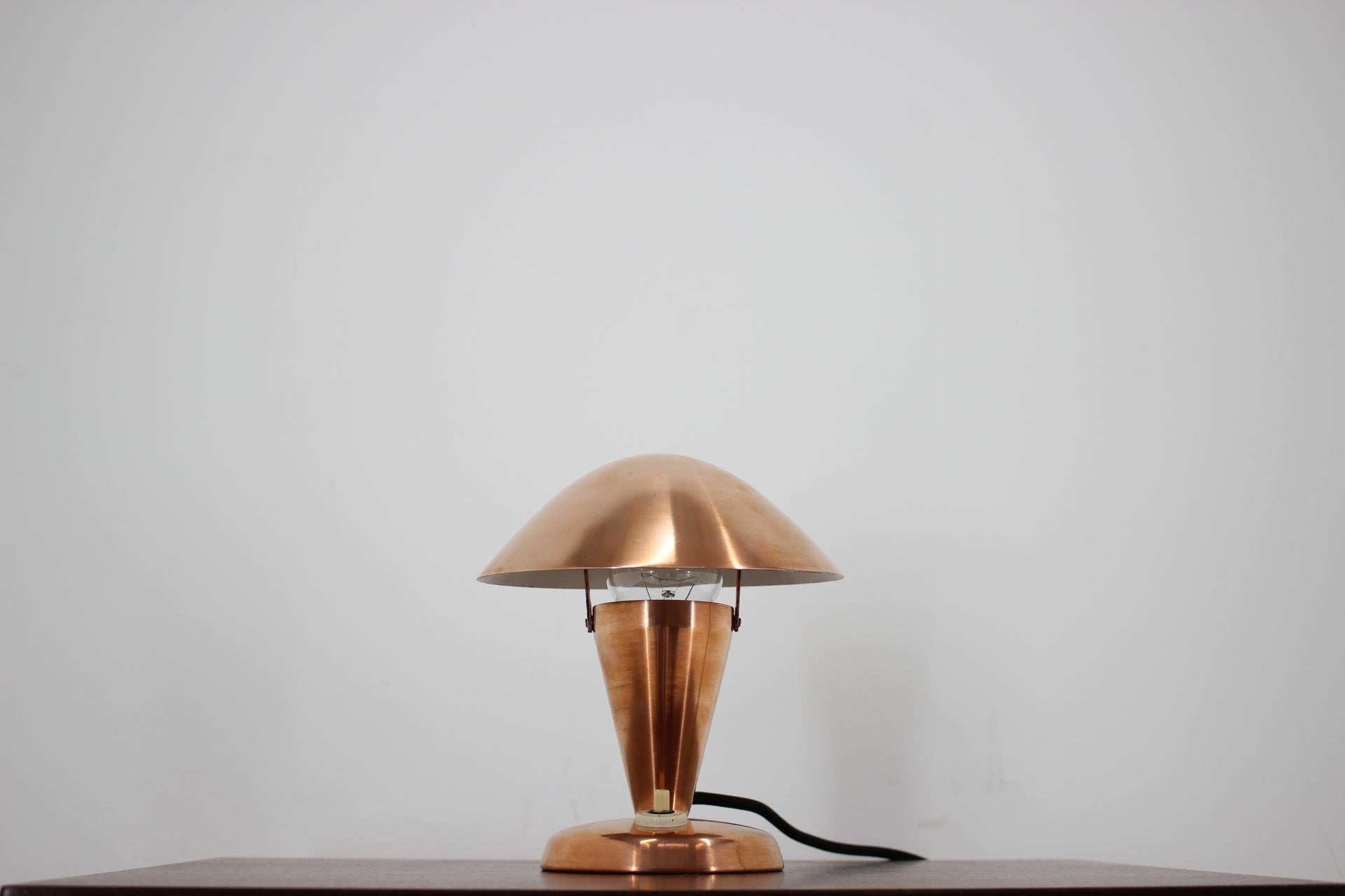 1930s Bauhaus Copper Small Table Lamp, Czechoslovakia In Good Condition In Praha, CZ