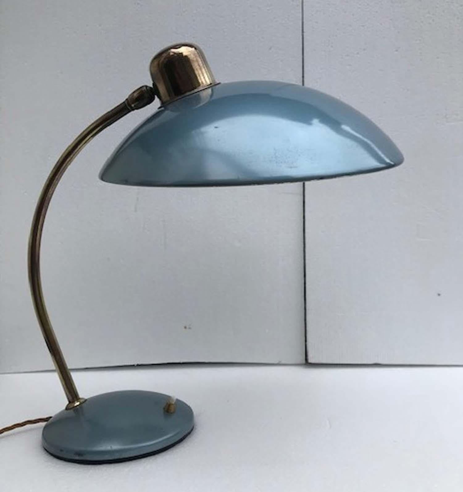 Bauhaus 'President' style desk lamp by Christian Dell in brass with a nice patina of age and shade in original rare metallic blue.