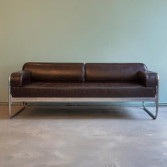 1930s Bauhaus Tubular Steel Sofa with Chestnut Brown Leather