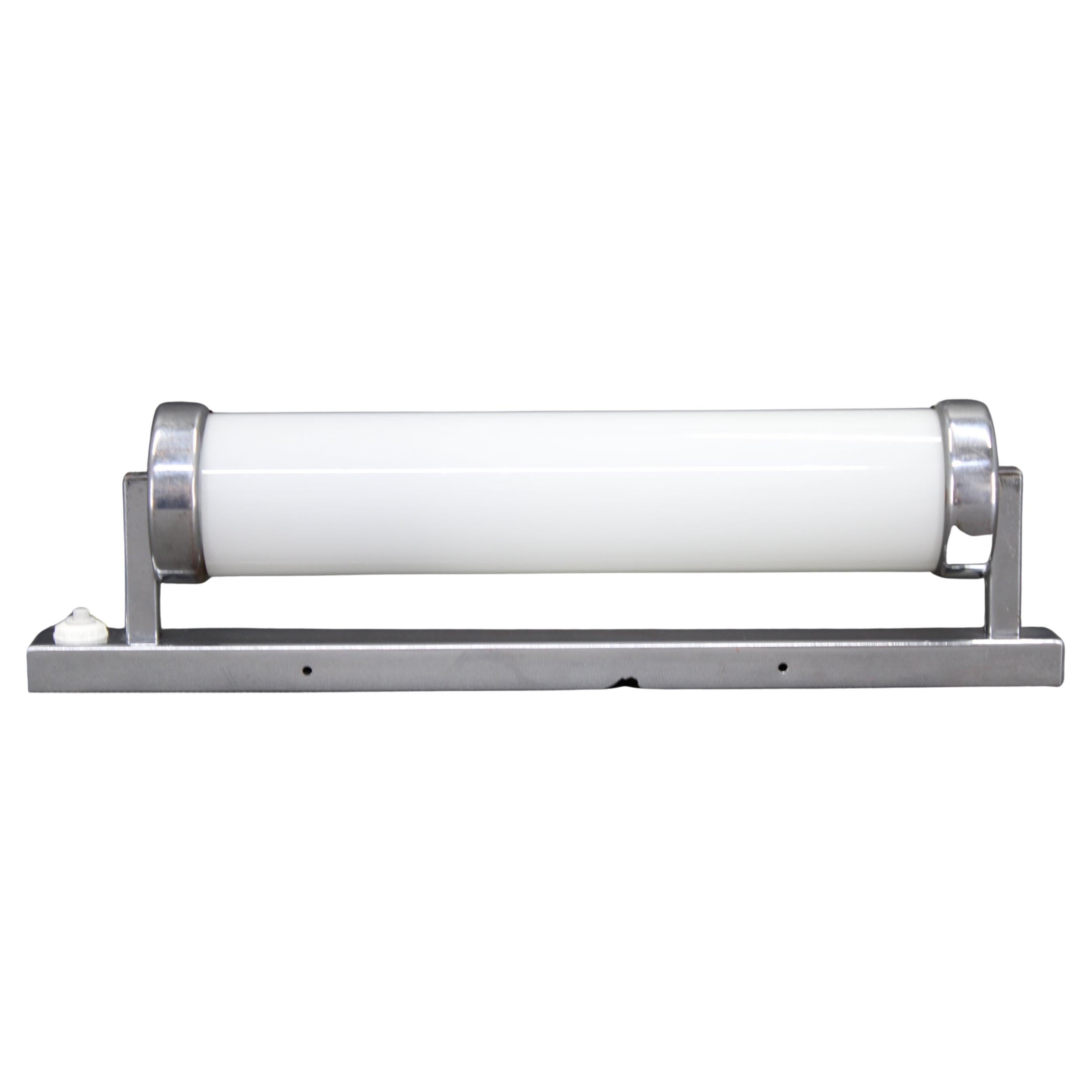 1930s Bauhaus Tubular Wall Light, Chrome 
Creamy Glass, Czechoslovakia