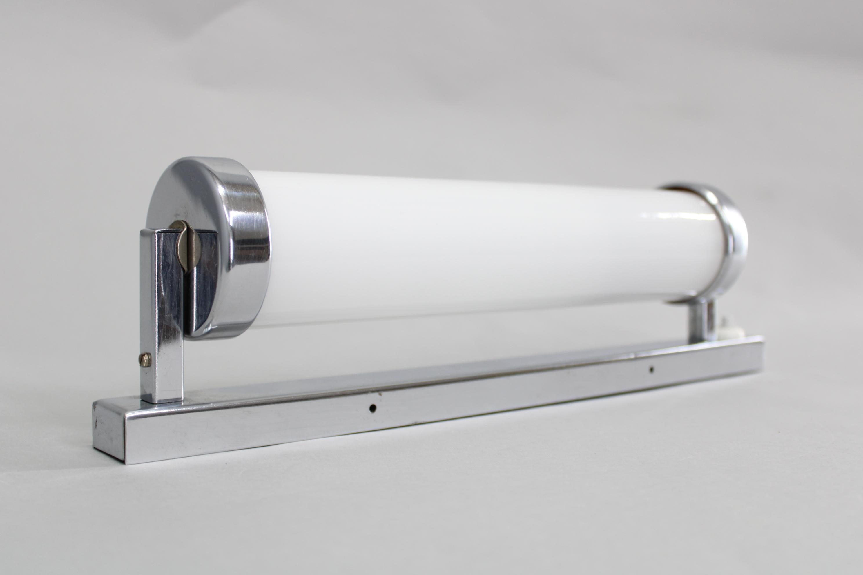 Polished 1930s Bauhaus Tubular Wall Light, Chrome & Glass, Czechoslovakia For Sale