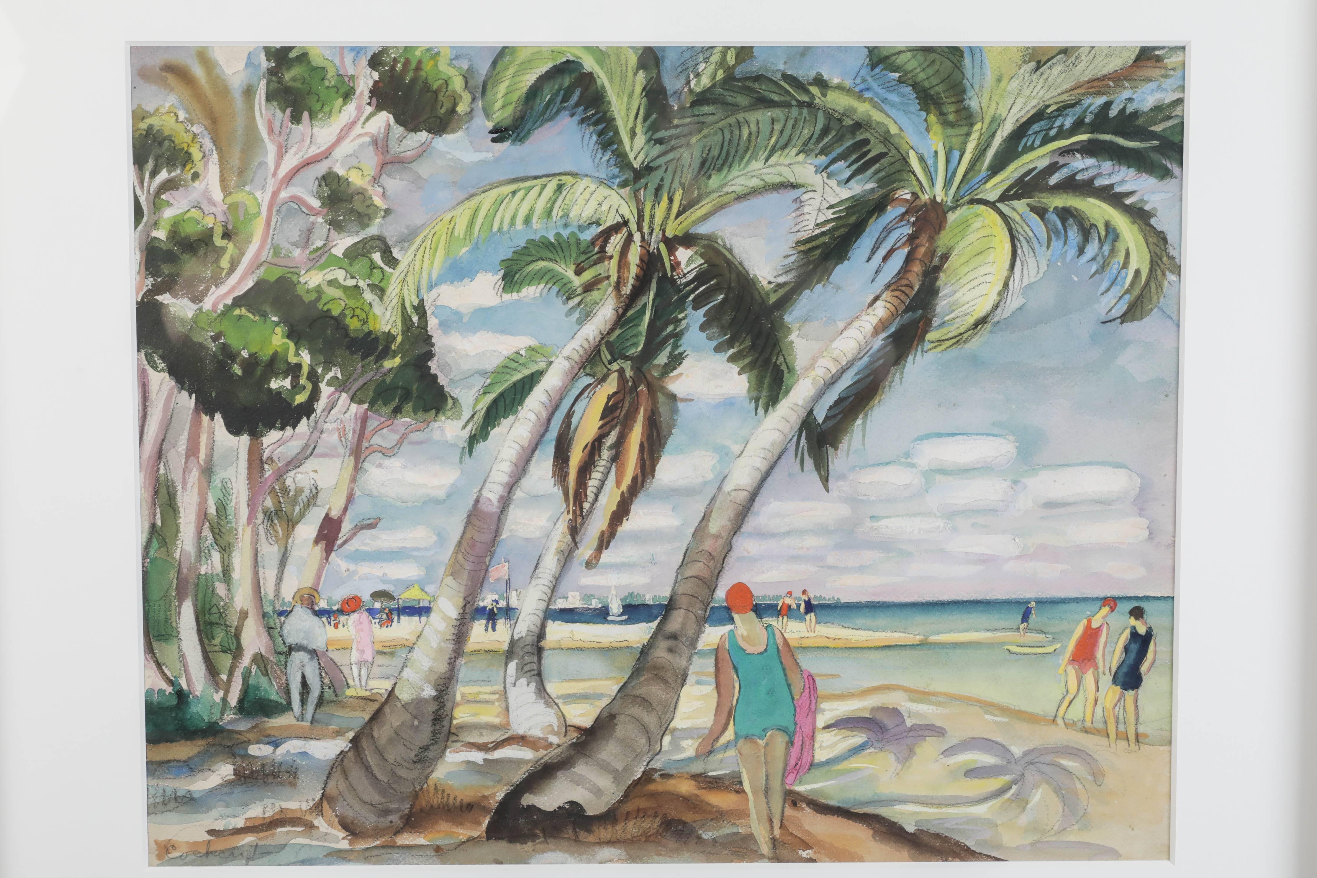 This wonderful gouache piece is very evocative of 1930s resort fun at the beach, somewhere. She was a student of Matisse during her frequent stays in the south of France. The colors are full and bright. It is newly framed.