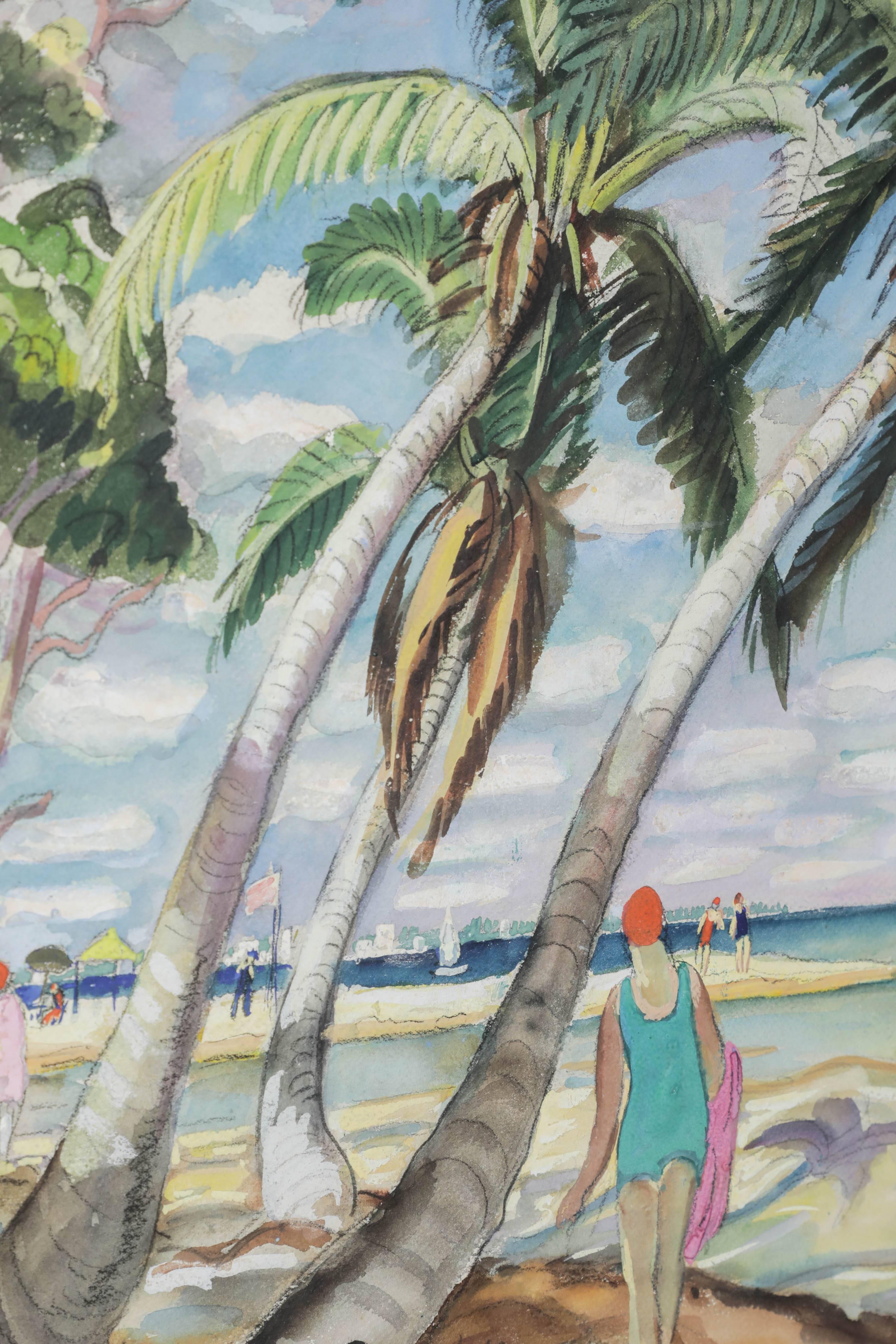 Hand-Painted 1930s Beach Painting by Edith Cockcroft