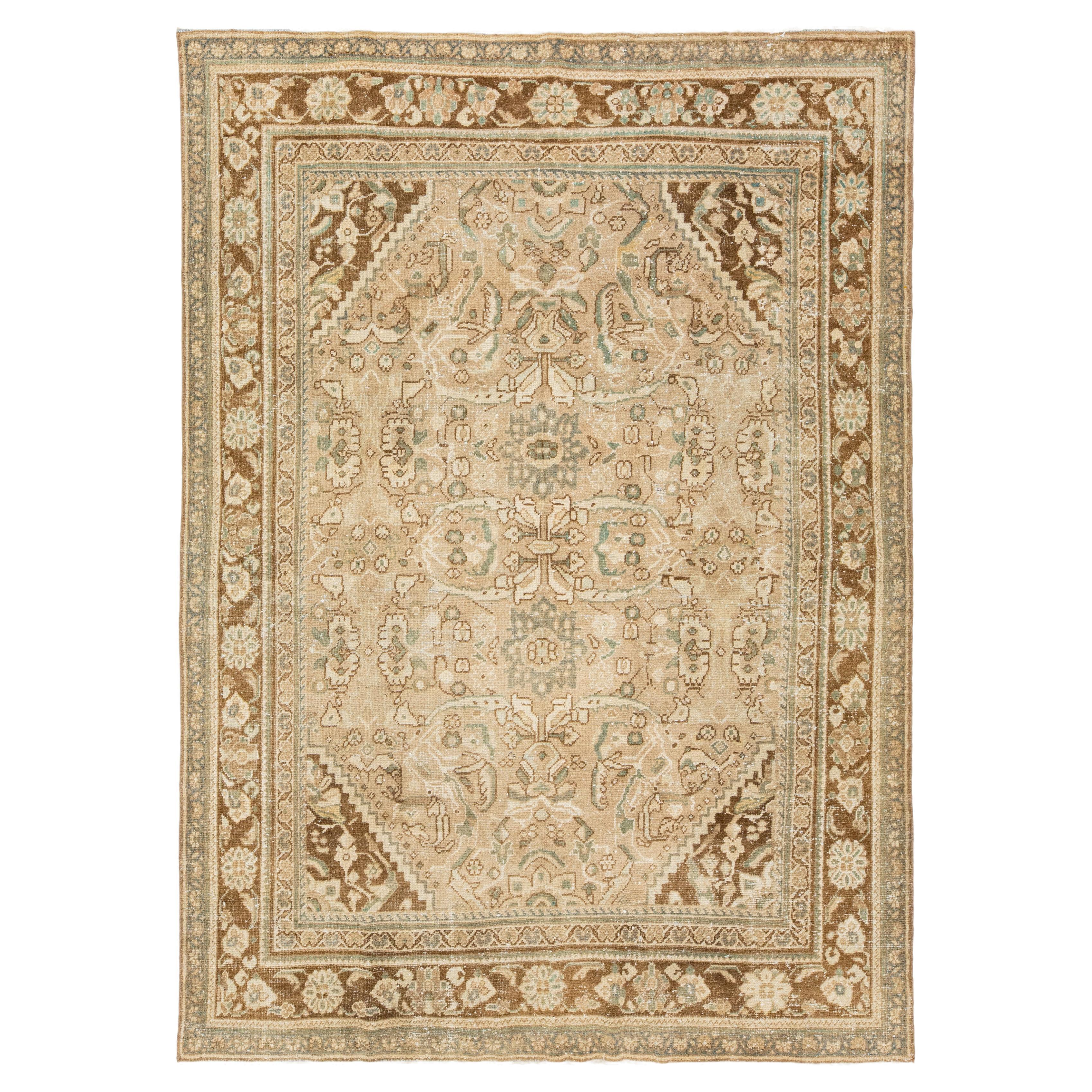 1930s Beige Mahal Persian Wool Rug Handmade With Floral Pattern For Sale