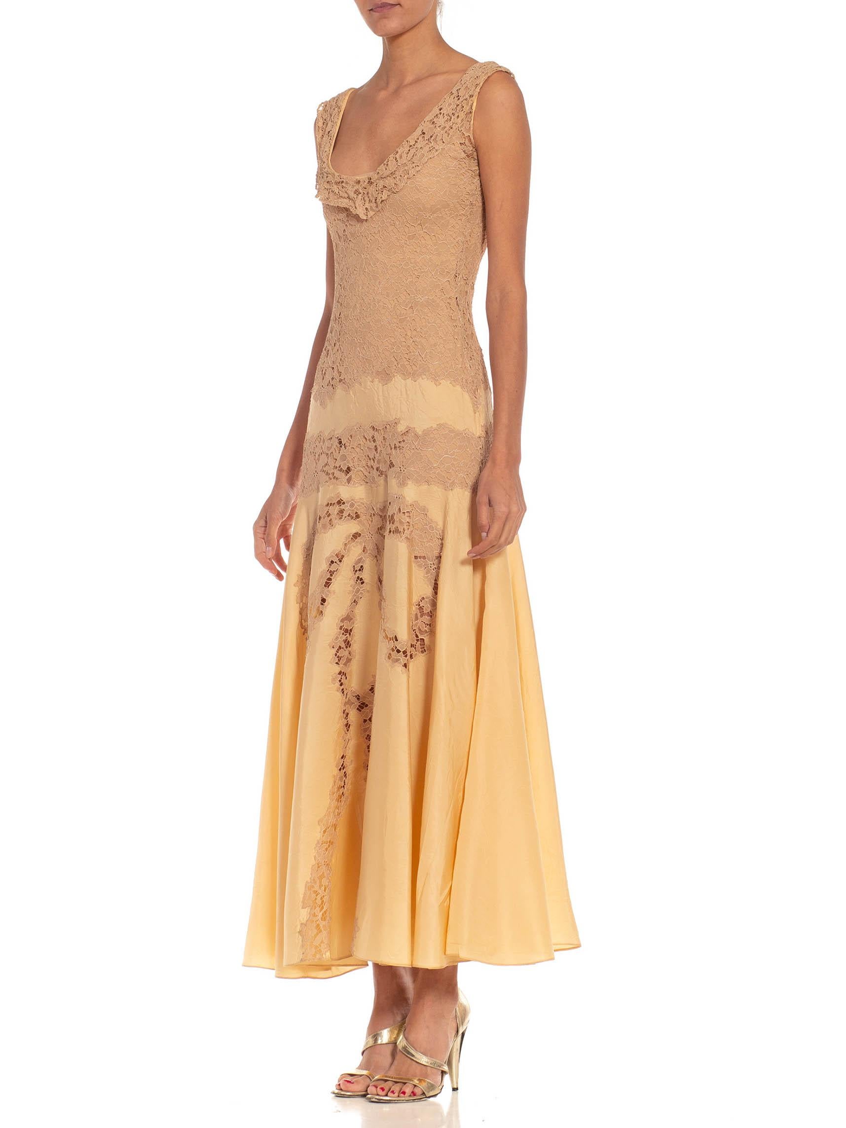 1930S Beige & Yellow Gold Chiffon Lace Slip Dress For Sale 1