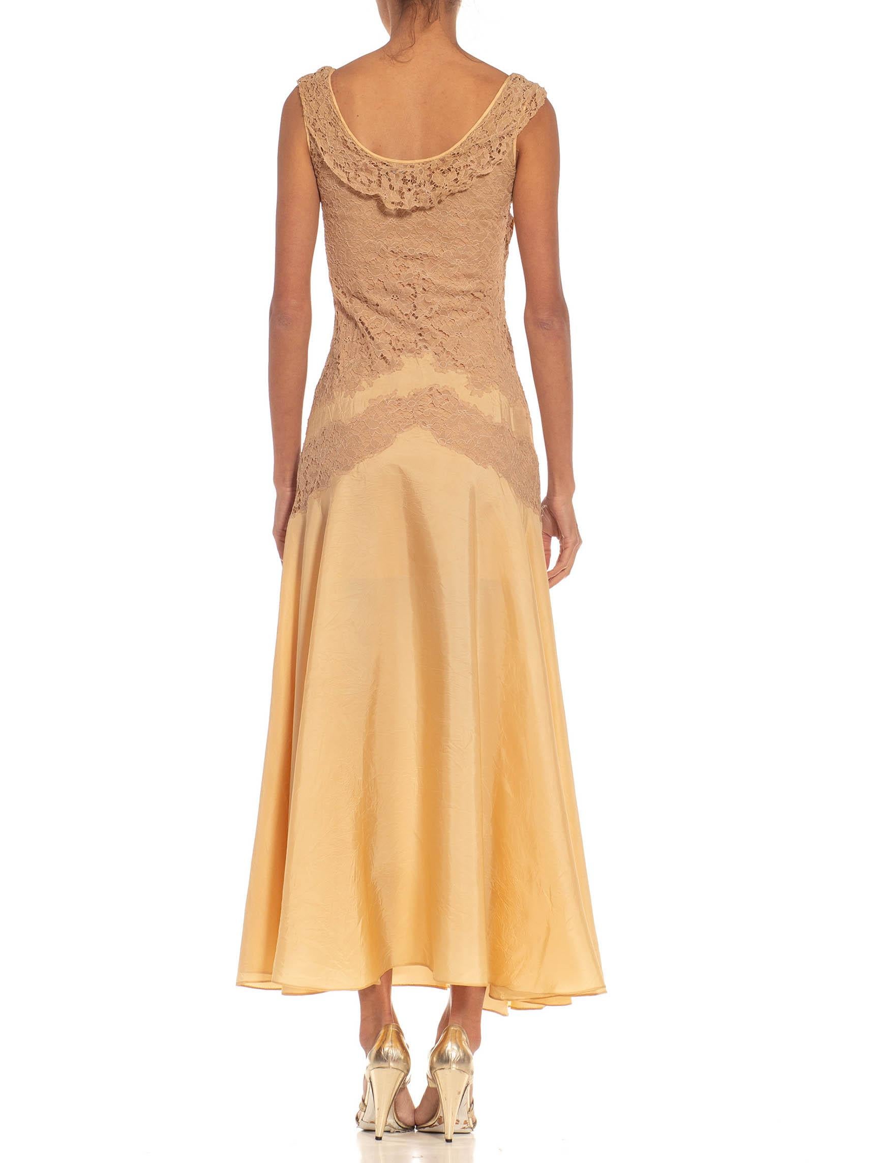1930S Beige & Yellow Gold Chiffon Lace Slip Dress For Sale 2