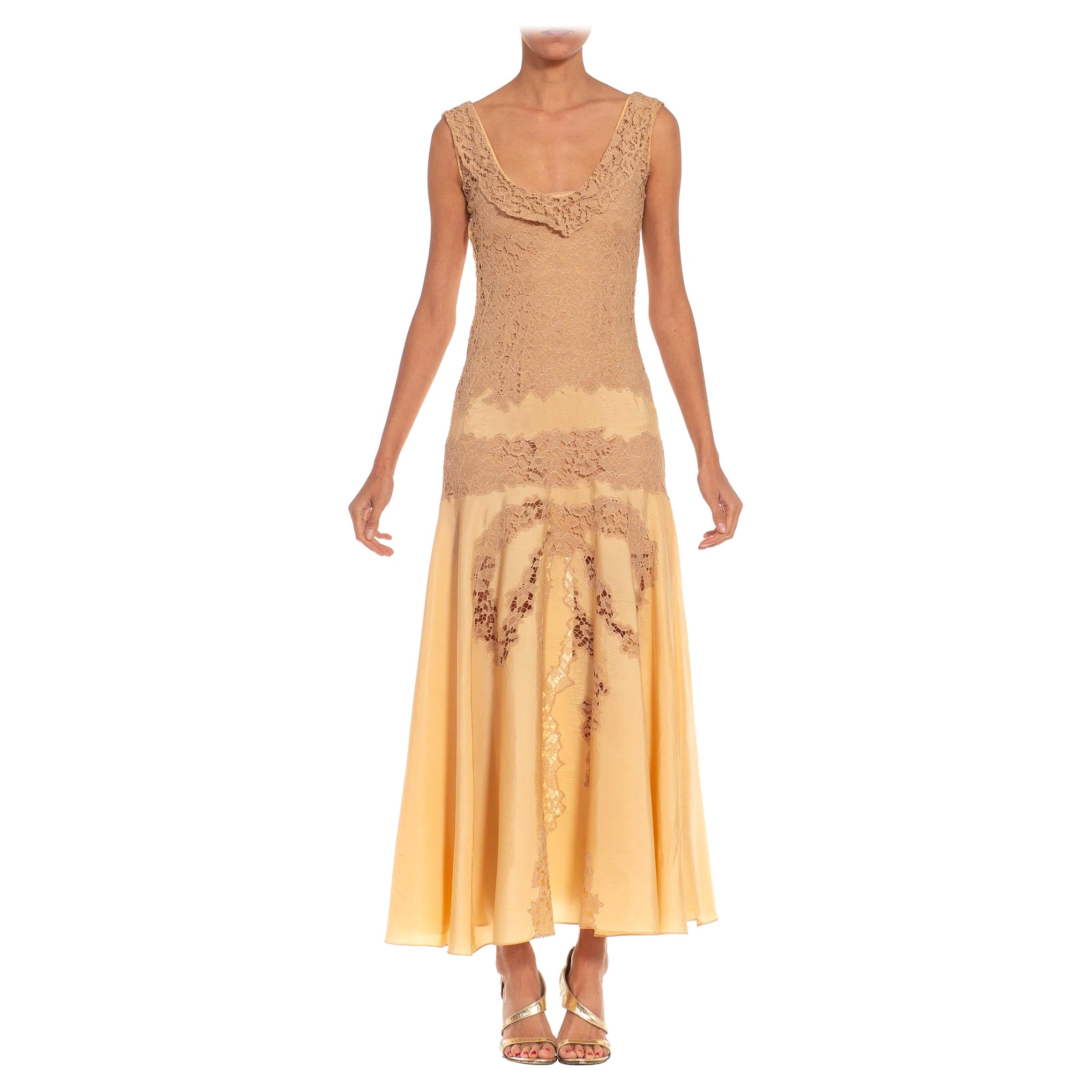 1930S Beige 
Yellow Gold Chiffon Lace Slip Dress
