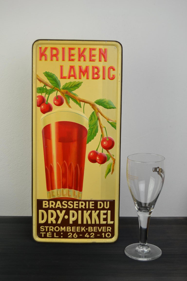 1930s Belgian Beer Sign for Cherry Beer Lambic, Art Deco Tin Sign at