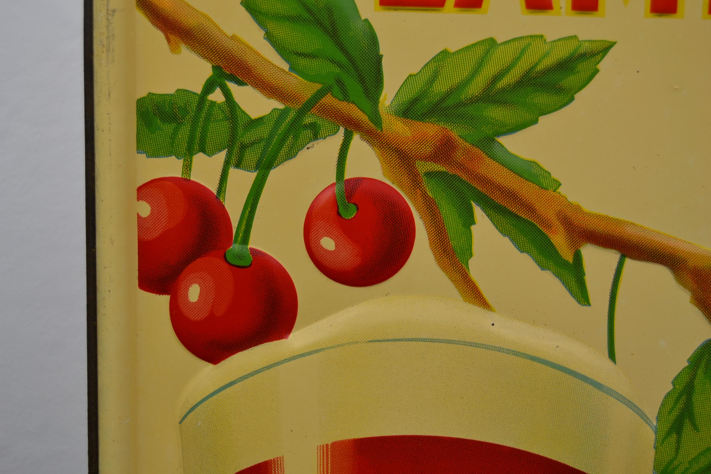 20th Century 1930s Belgian Beer Sign for Cherry Beer Lambic, Art Deco Tin Sign