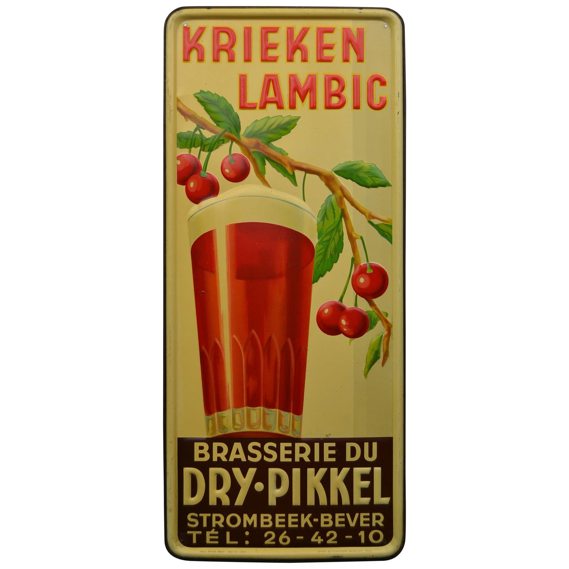 1930s Belgian Beer Sign for Cherry Beer Lambic, Art Deco Tin Sign