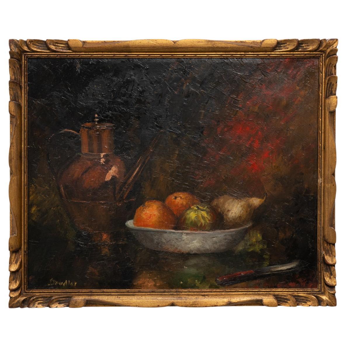 Huile sur toile belge des années 1930 Nature morte aux fruits dans un cadre sculpté en vente